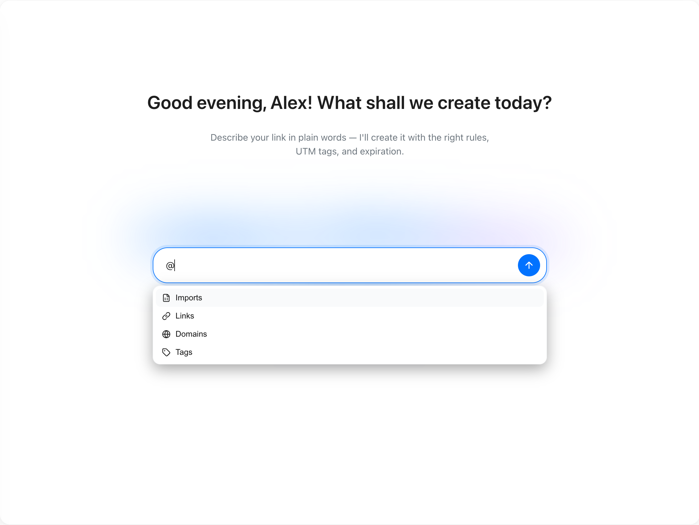 Full-page AI chat with the @ menu open, listing imports, links, domains and tags