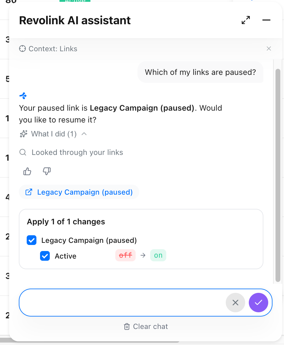 Revolink AI chat open on the Links page with the context shown, an answer listing four links, the "What I did" log and rating buttons