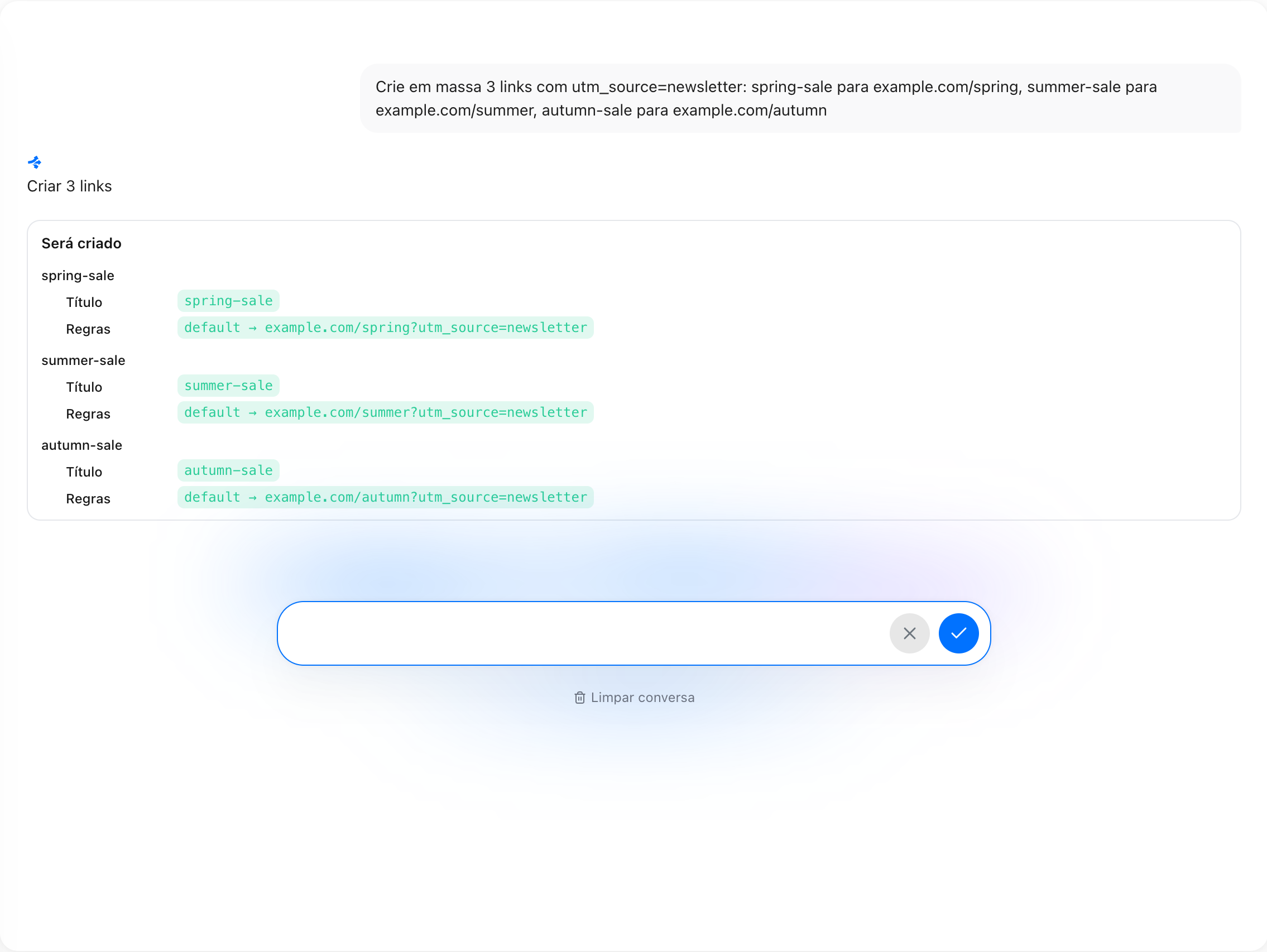 Chat do Revolink AI mostrando um cartão de antes e depois com as alterações propostas, aguardando confirmação