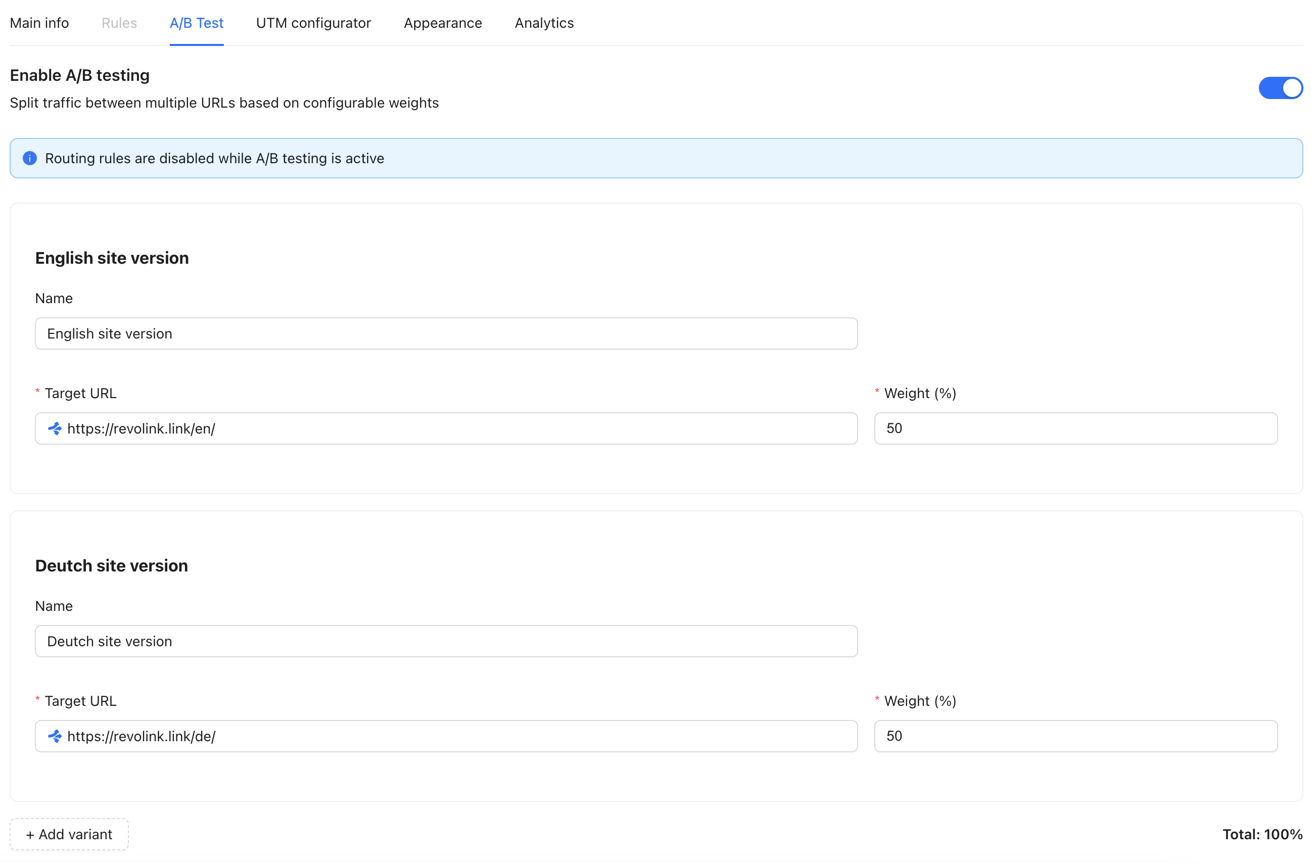 Revolink A/B testing setup — two variants with 50/50 weight split