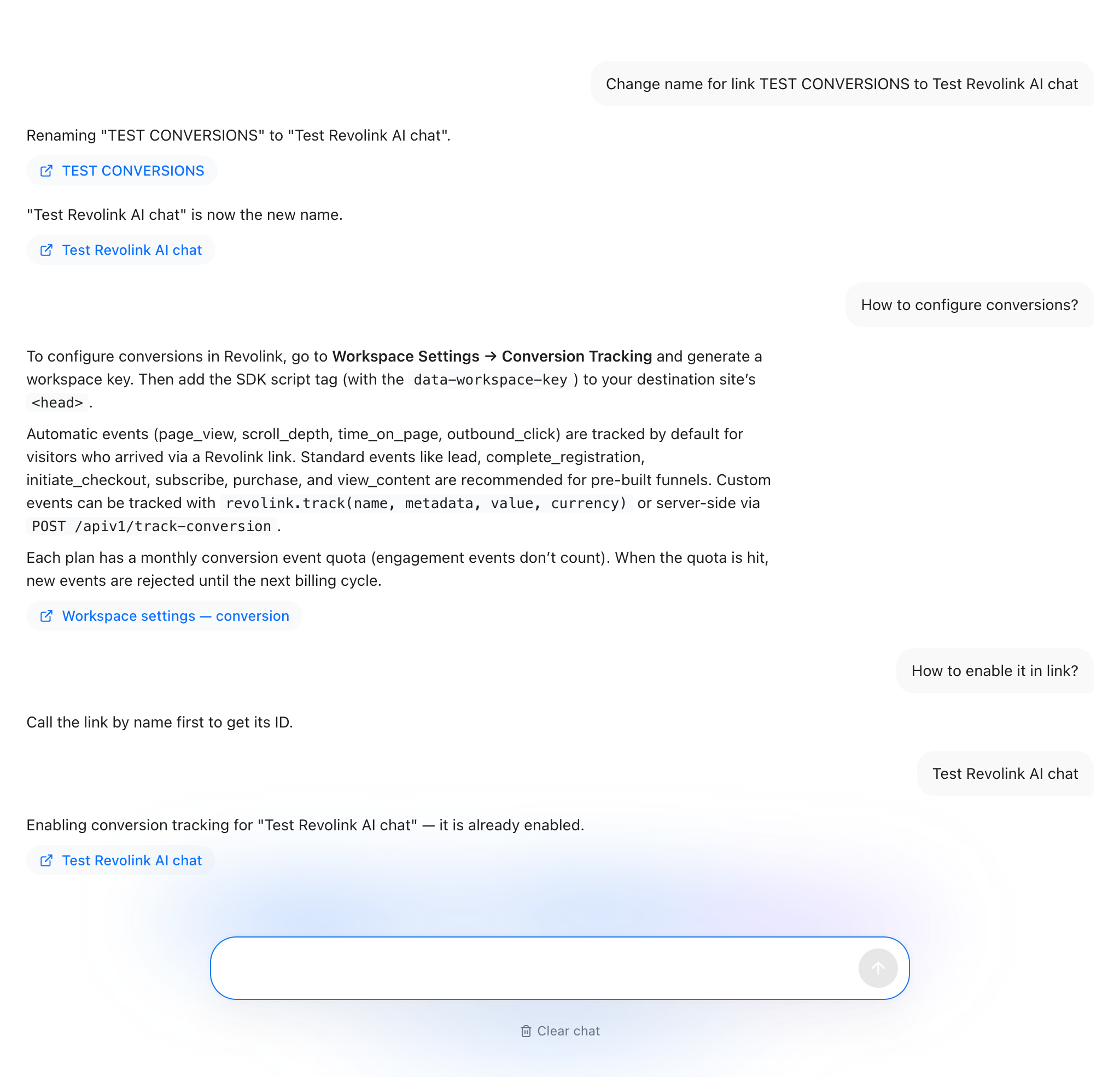 Revolink AI chat renaming a link, explaining how to configure conversion tracking, and enabling it directly from the conversation