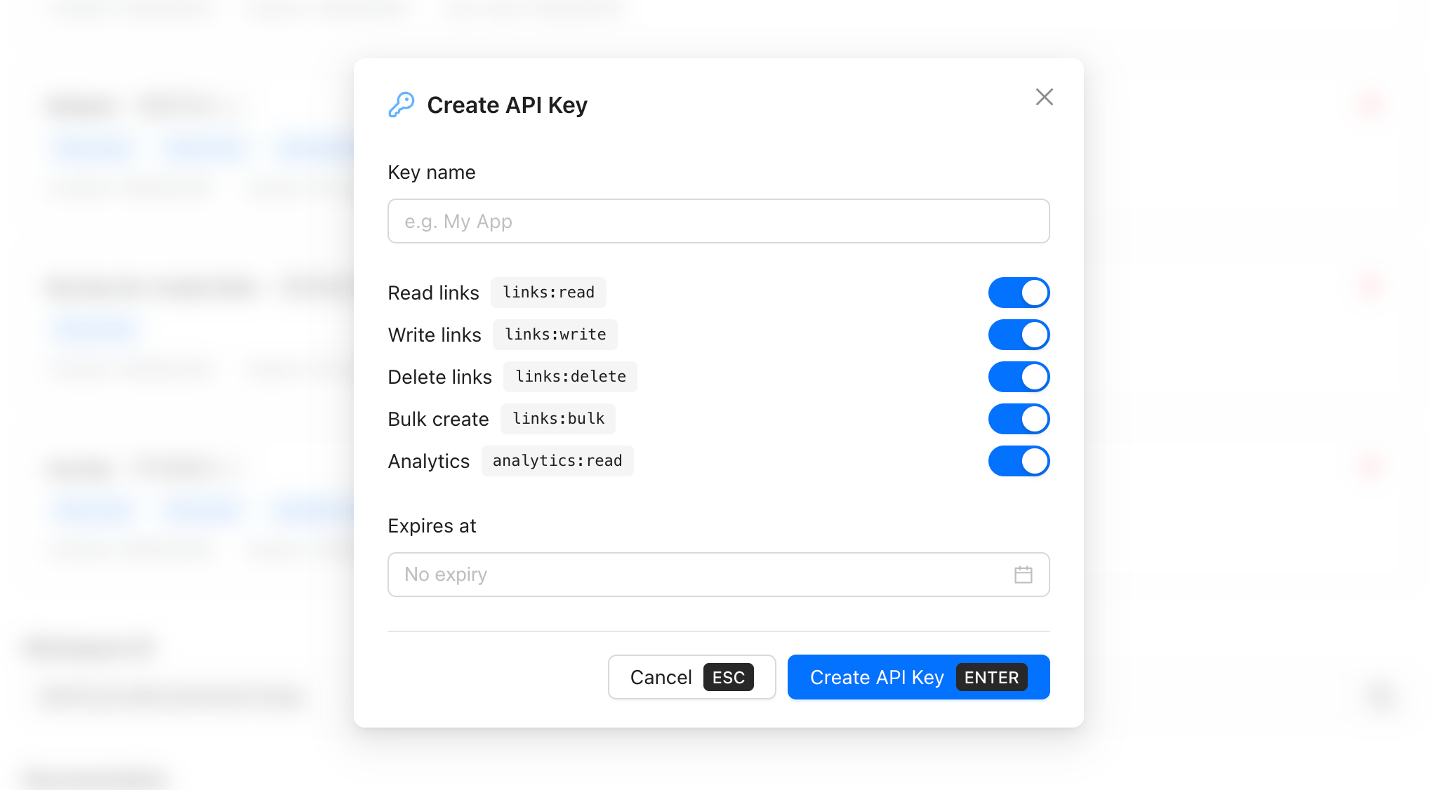 Create API Key modal showing Key name field with placeholder 