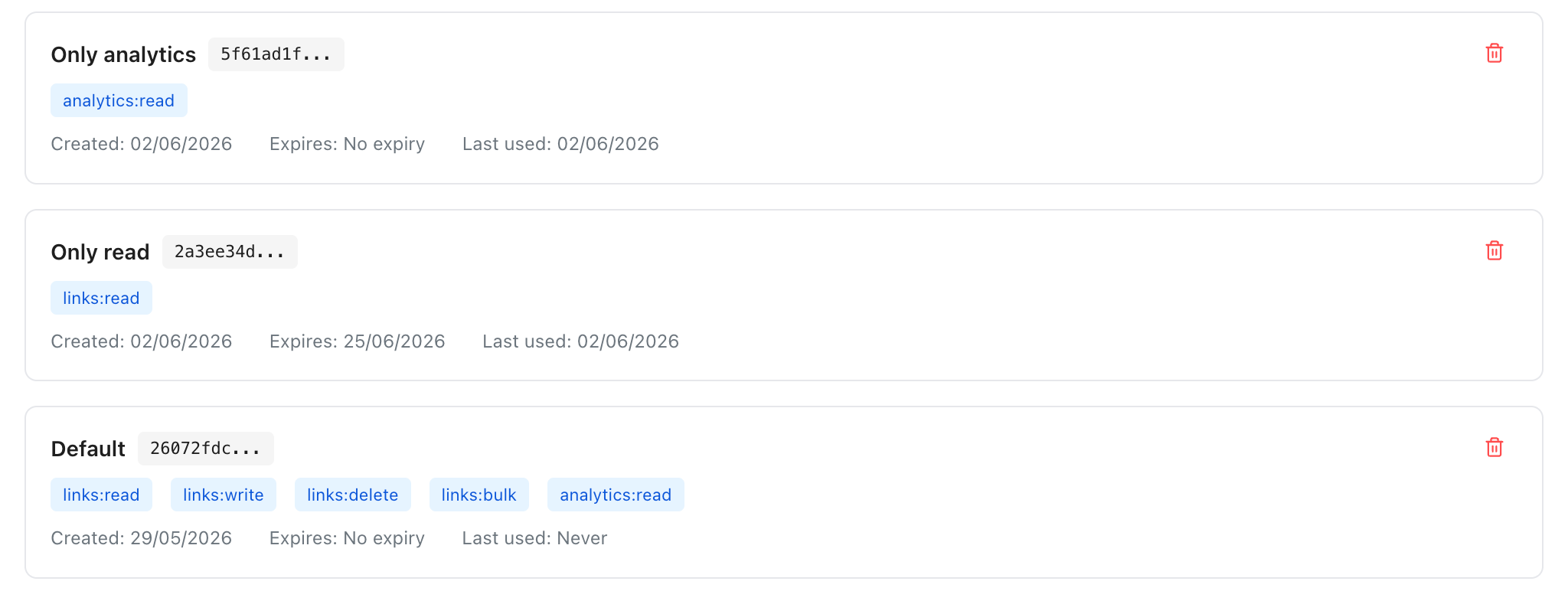 API Keys list showing three keys: 
