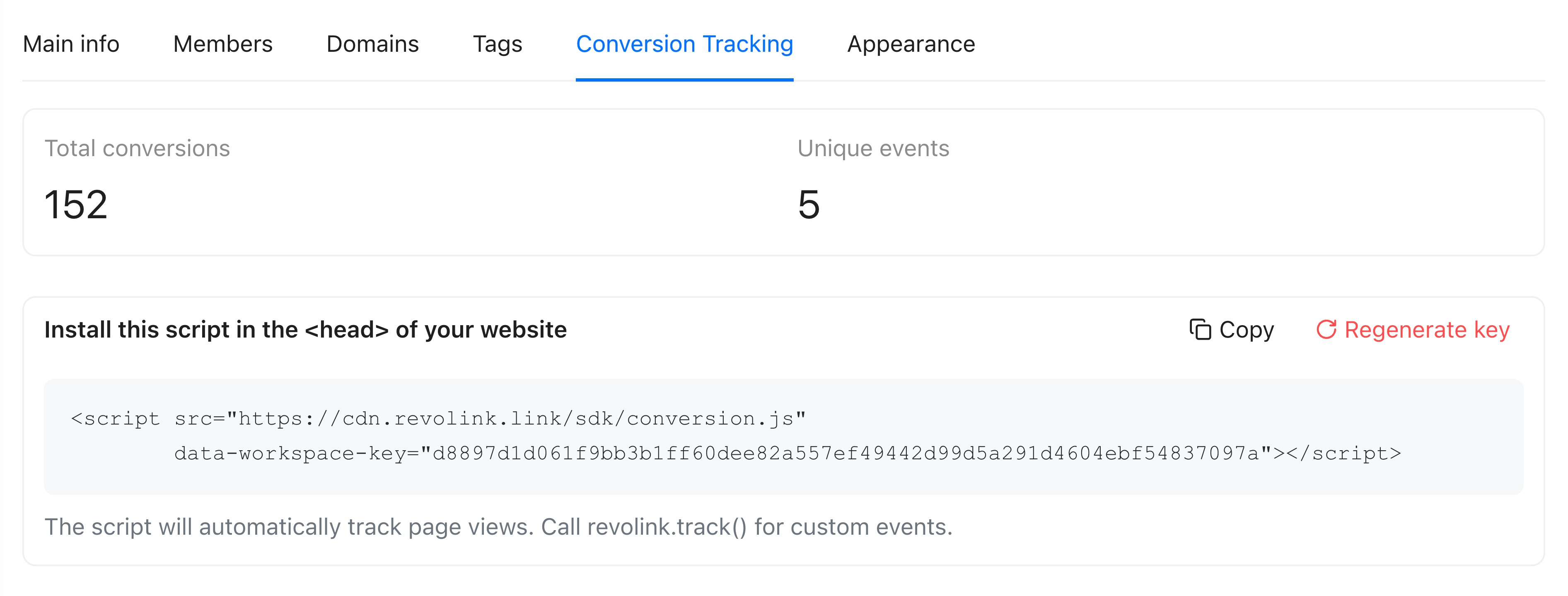 Revolink conversion tracking setup — workspace API key and SDK installation code