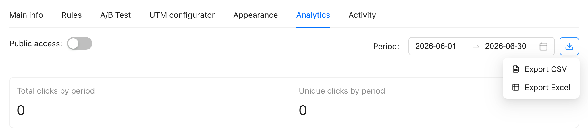 Individual link Analytics tab showing tabs for Main info, Rules, A/B Test, UTM configurator, Appearance, Analytics (active), and Activity. The period is set to 2026-06-01 β 2026-06-30, and the download button dropdown shows Export CSV and Export Excel options.