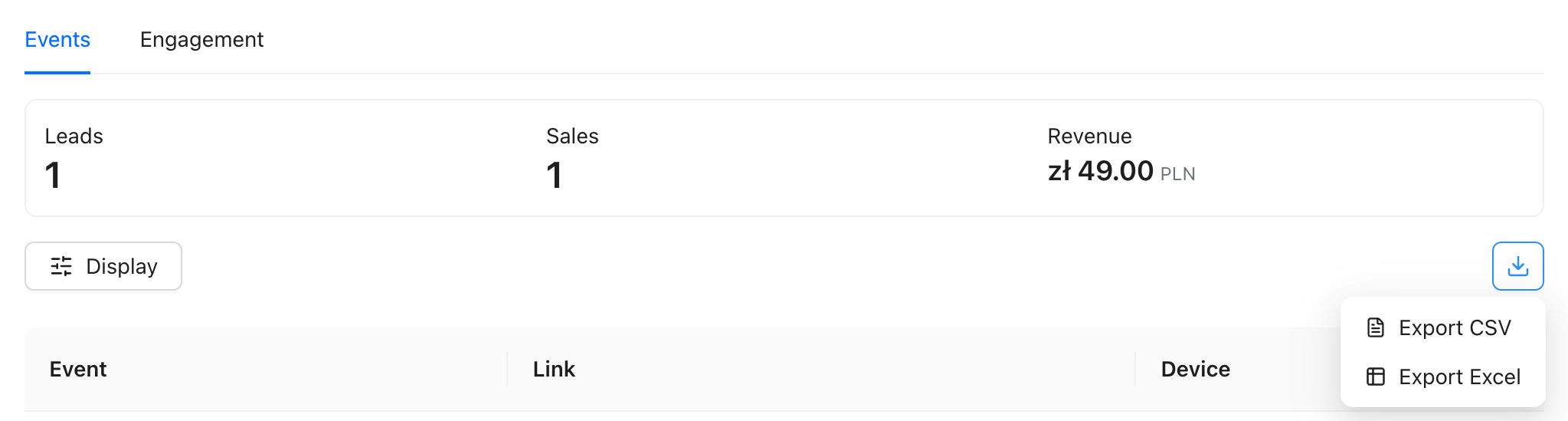 Conversions Events tab showing Leads: 1, Sales: 1, Revenue: zΕ 49.00 PLN, a Display button, and a table with Event, Link, and Device columns. The download button dropdown shows Export CSV and Export Excel.