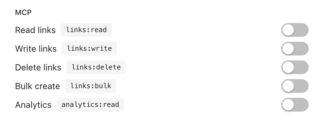 📸 SCREENSHOT: API key creation modal with the MCP Permissions section expanded, showing scopes like Read Links, Write Links, Read Analytics.