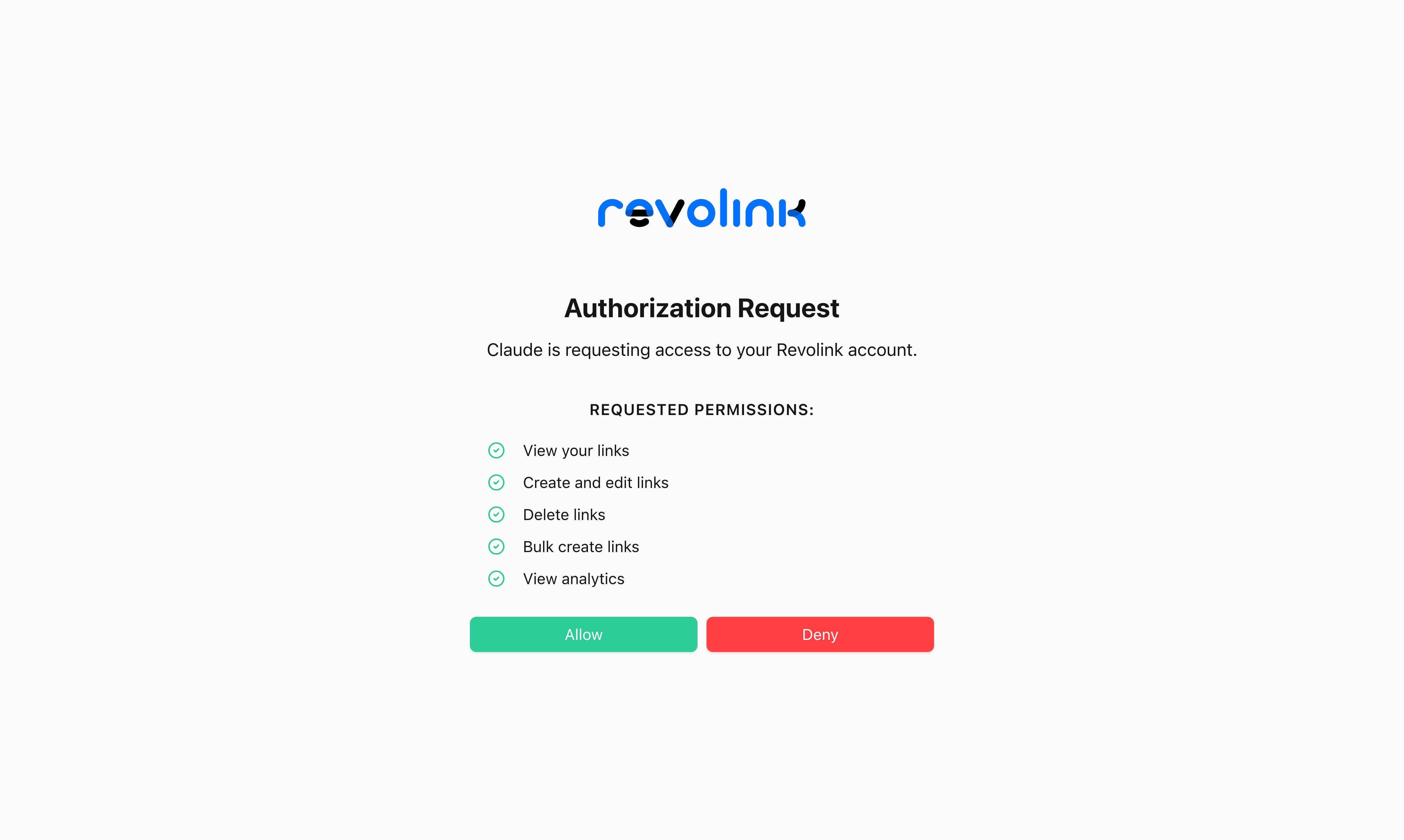 📸 SCREENSHOT: Revolink OAuth consent page showing app name, permission list with checkmarks, and Allow/Deny buttons.