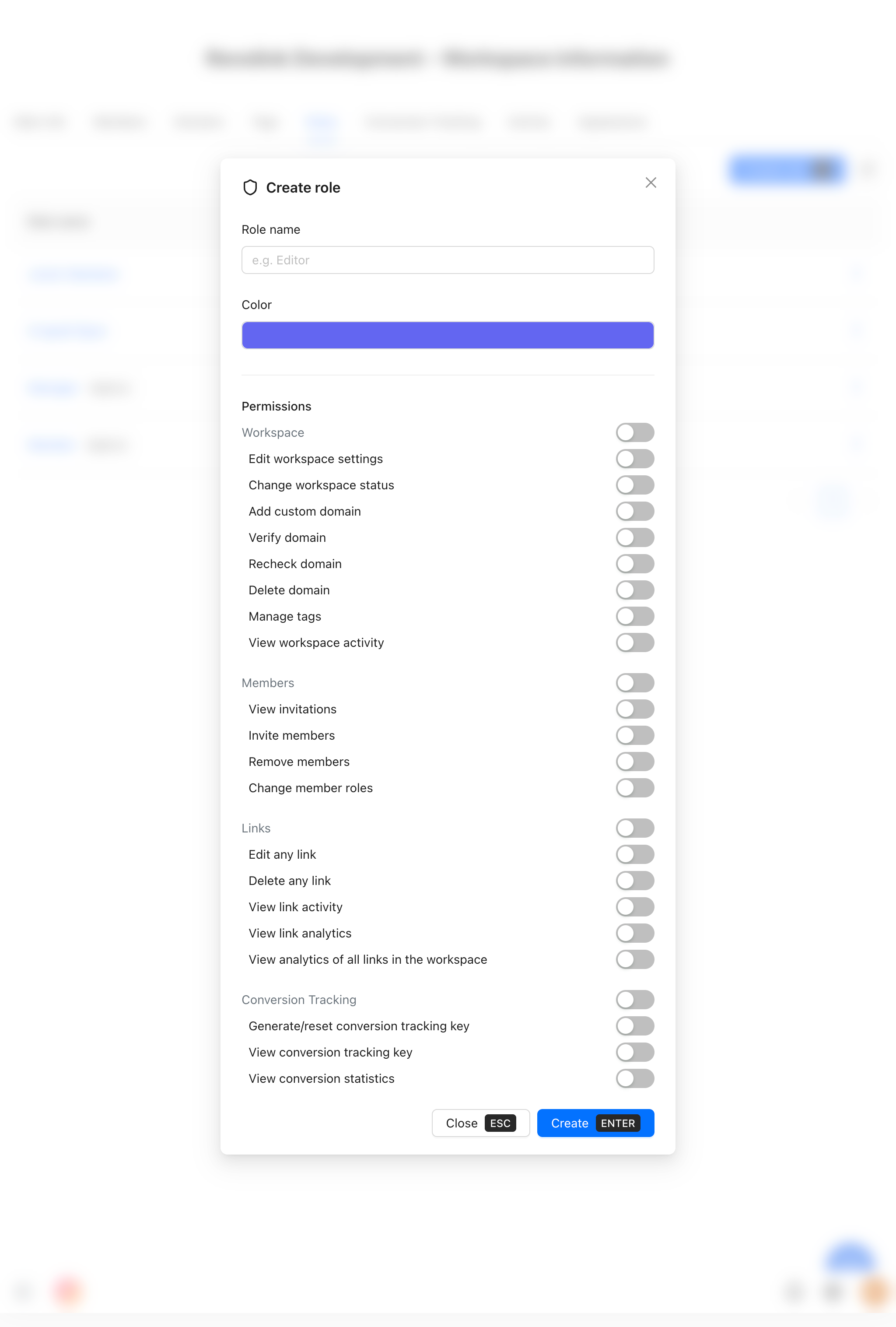 📸 SCREENSHOT: Workspace settings → Roles tab. Show role cards for Owner, Admin, Member with a 