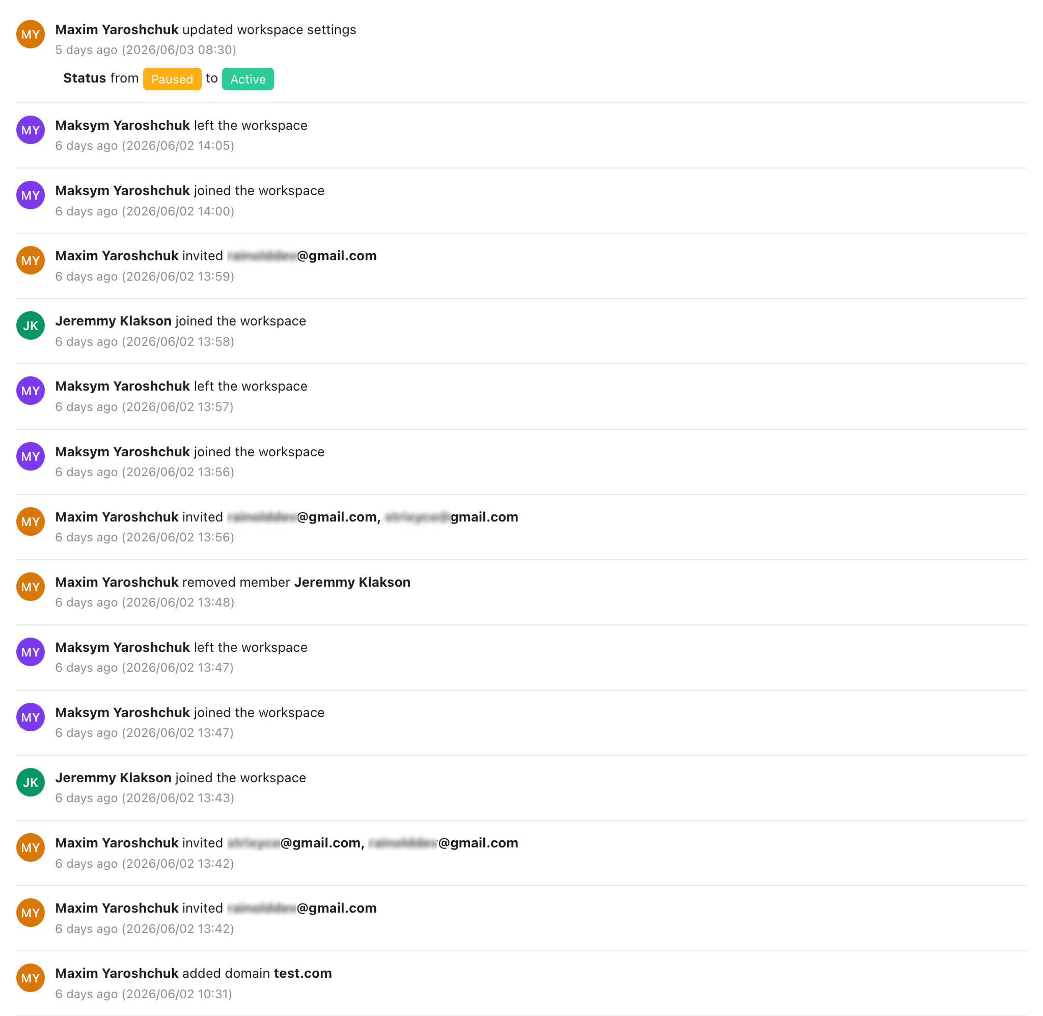 📸 SCREENSHOT: Workspace settings → Activity tab. Show member join/leave events with timestamps and role badges.