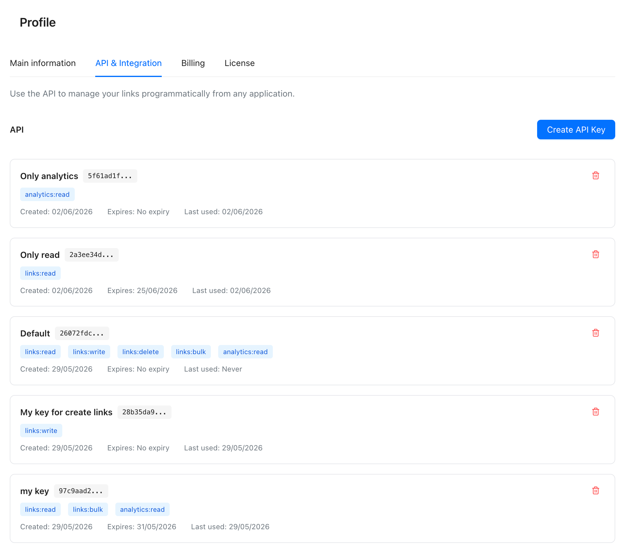 📸 SCREENSHOT: Workspace settings → Integrations → API Keys tab. Show a list of 2–3 named keys with permission badges and expiry dates, plus a 