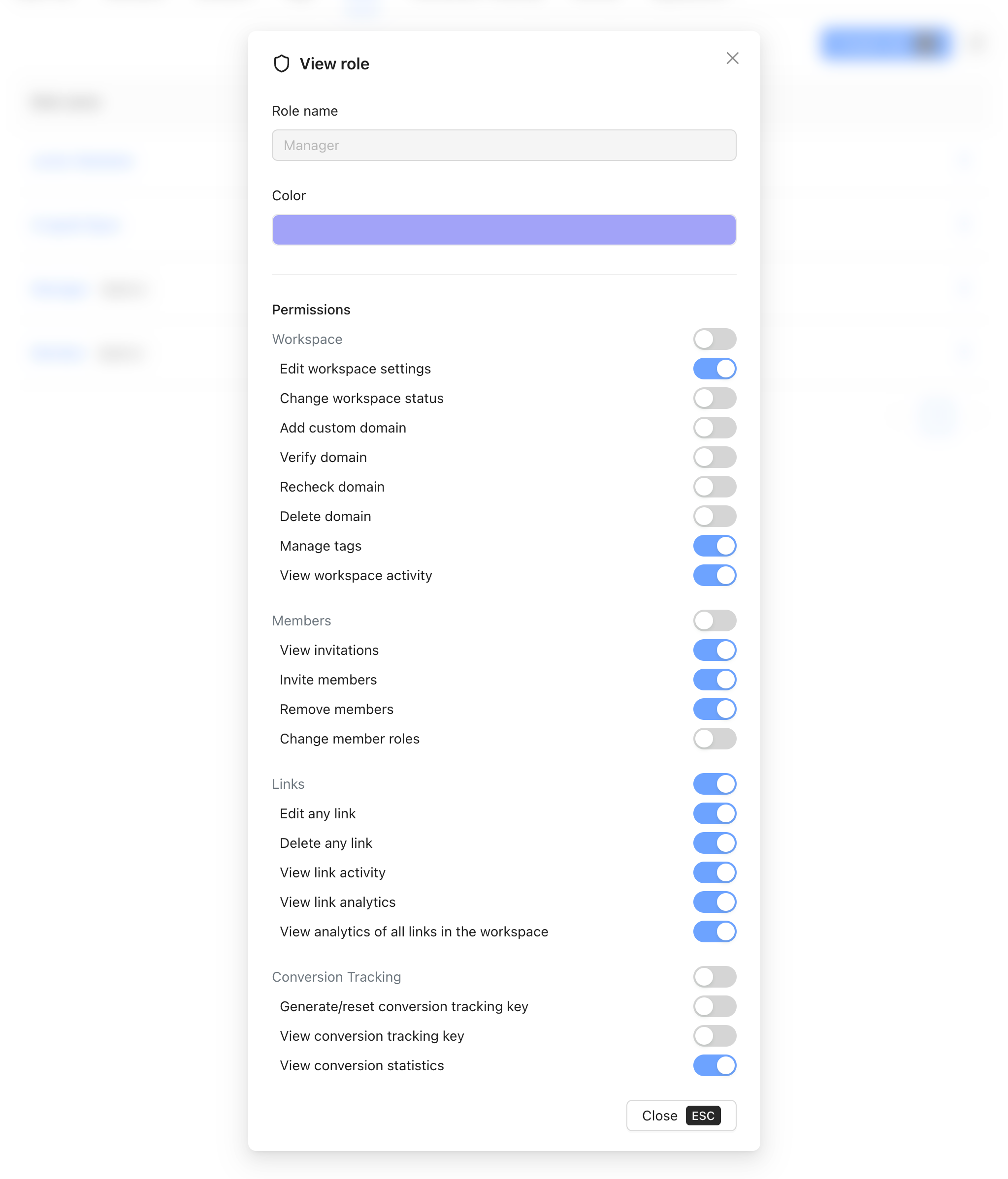 View role modal for the Manager role showing Role name: Manager, Color swatch (purple), and all permissions across four groups: Workspace (Edit workspace settings ON, Manage tags ON, View workspace activity ON), Members (View invitations ON, Invite members ON, Remove members ON, Change member roles OFF), Links (Edit any link ON, Delete any link OFF, View link activity ON, View link analytics ON, View analytics of all links ON), Conversion Tracking (View conversion statistics ON).
