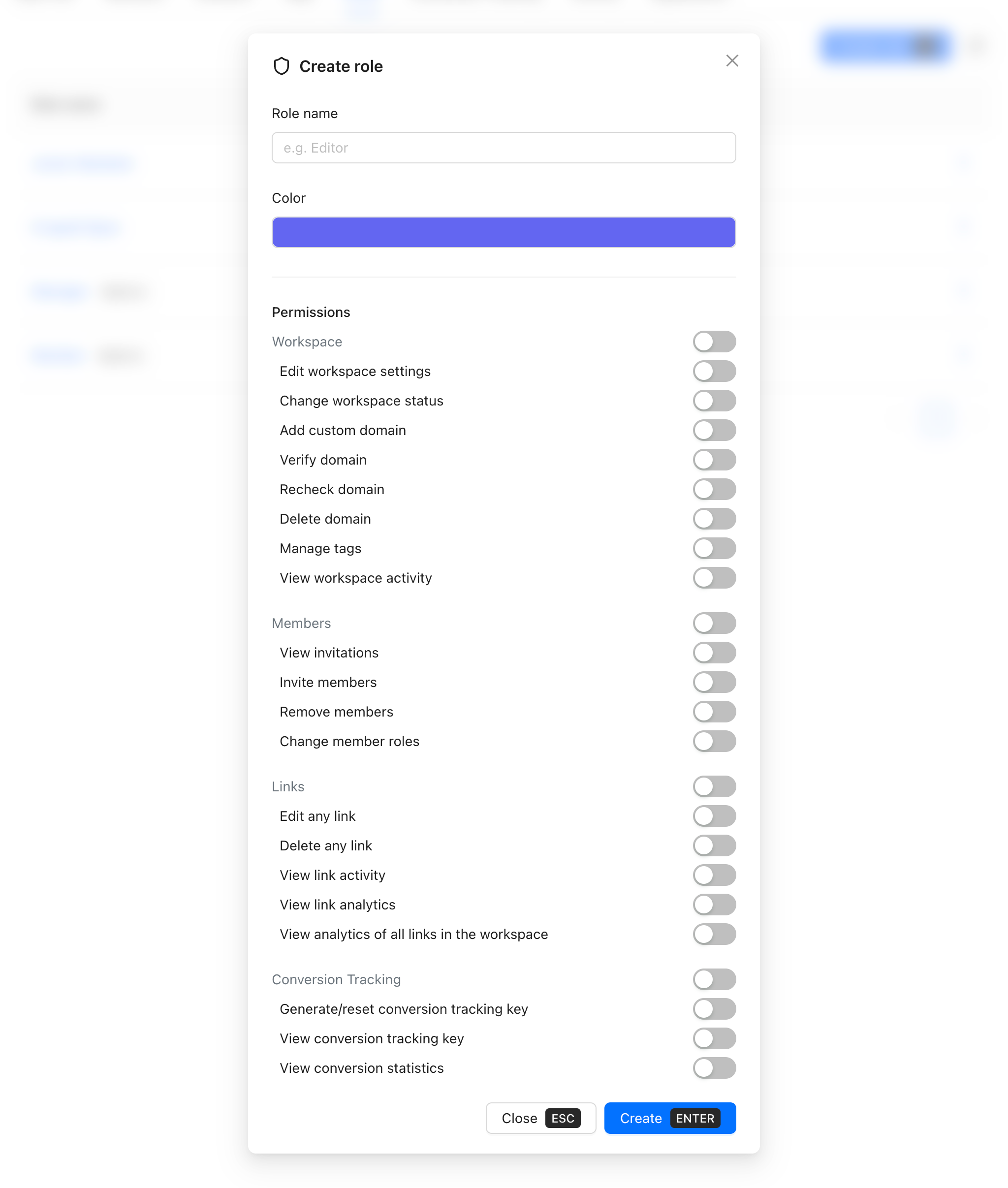 Create role modal showing Role name field with placeholder