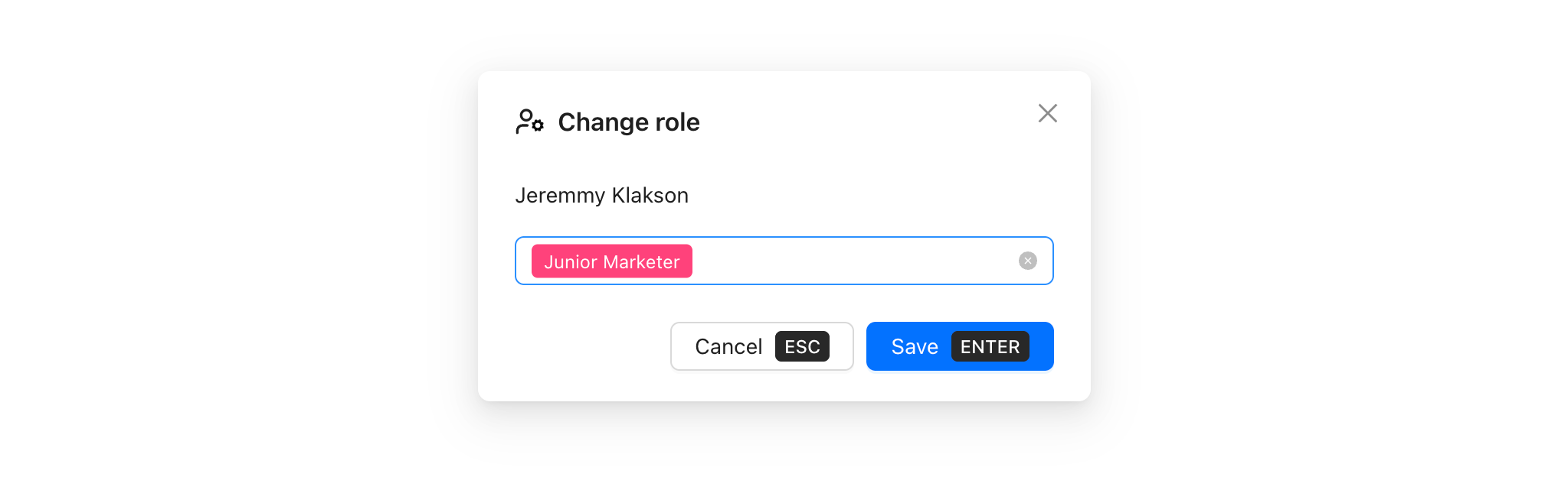 Change role modal for Jeremmy Klakson showing a role selector field with