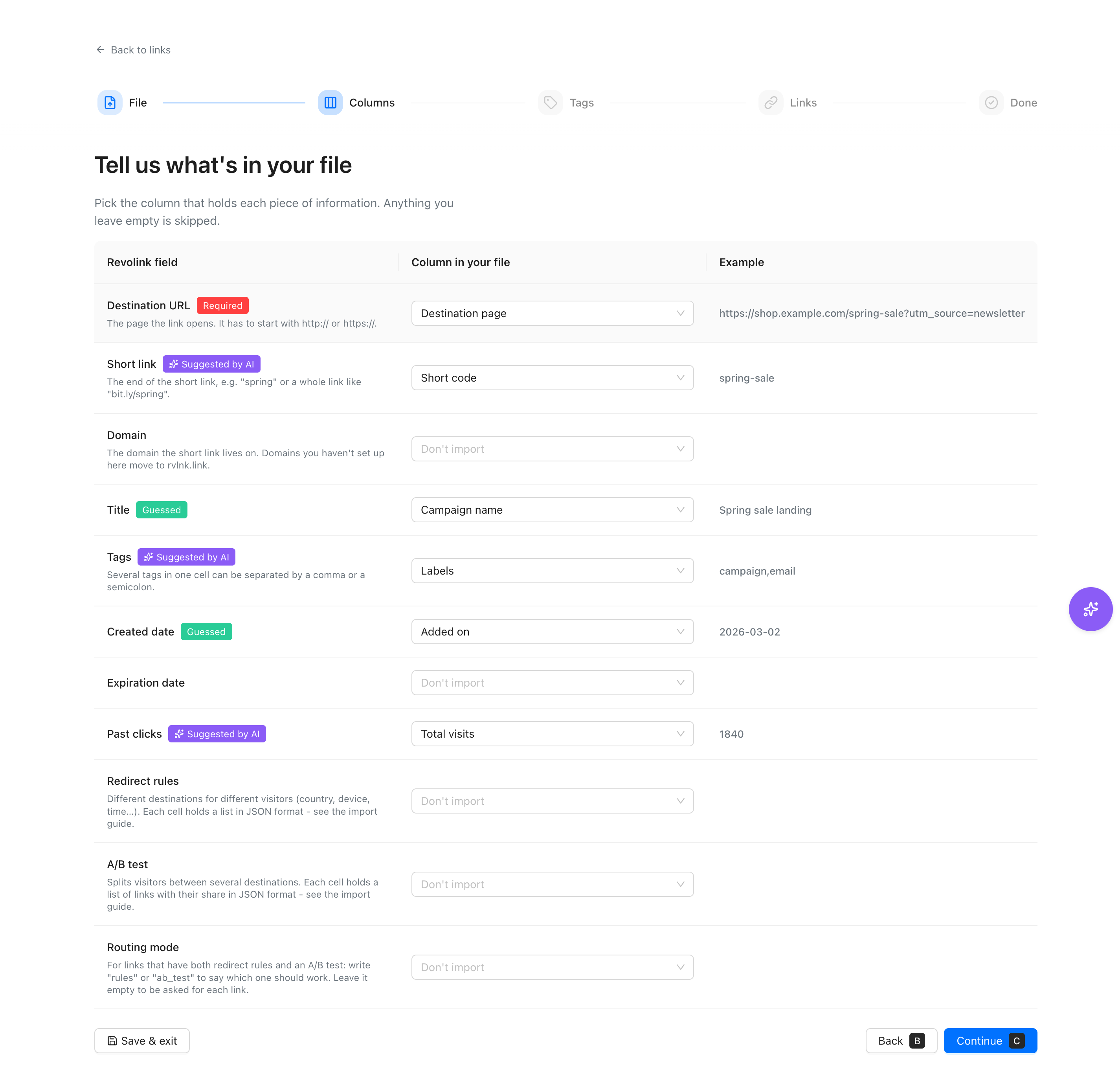 Column mapping step: columns matched automatically or suggested by AI