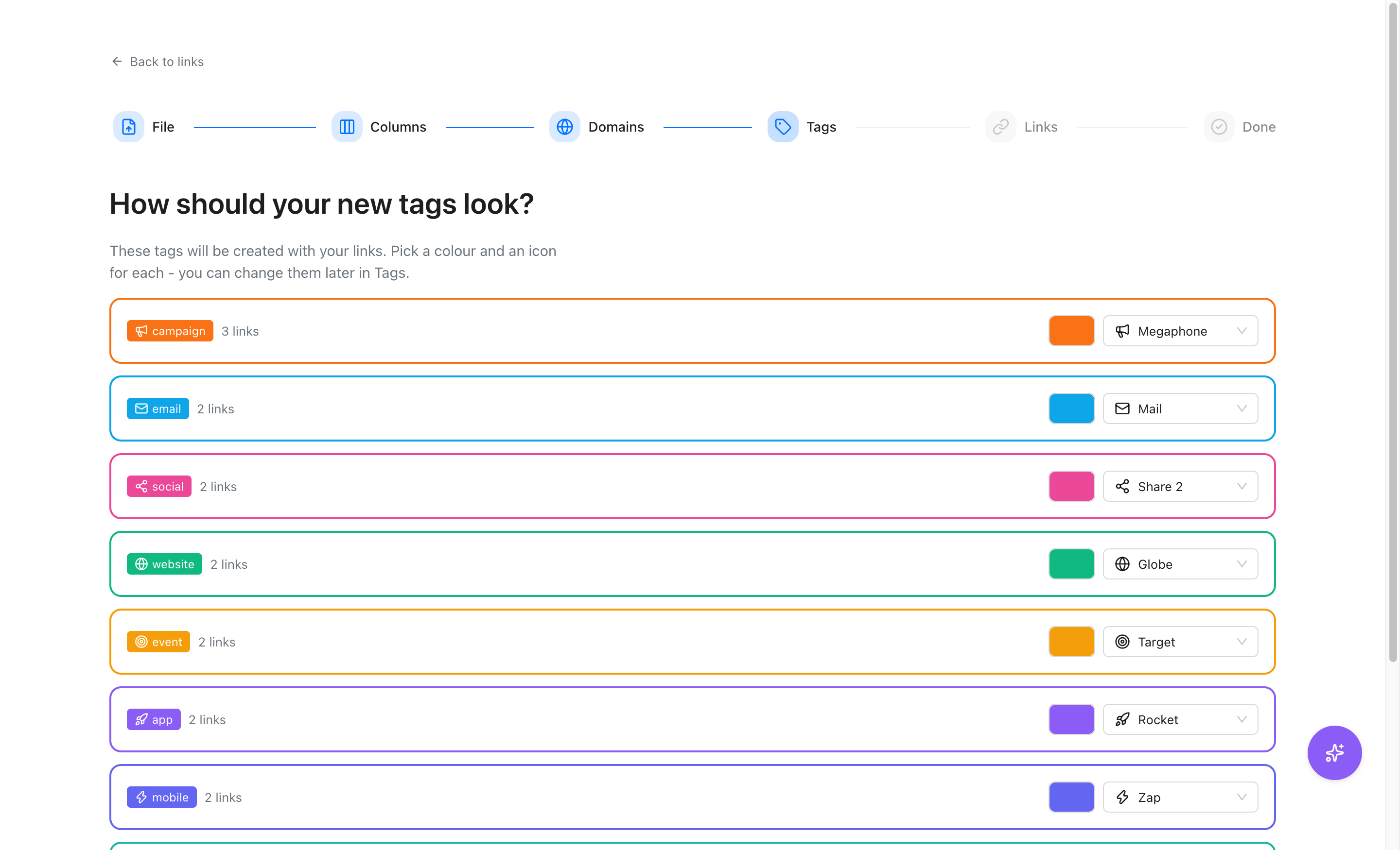 Tags step with a colour and an icon chosen for each tag