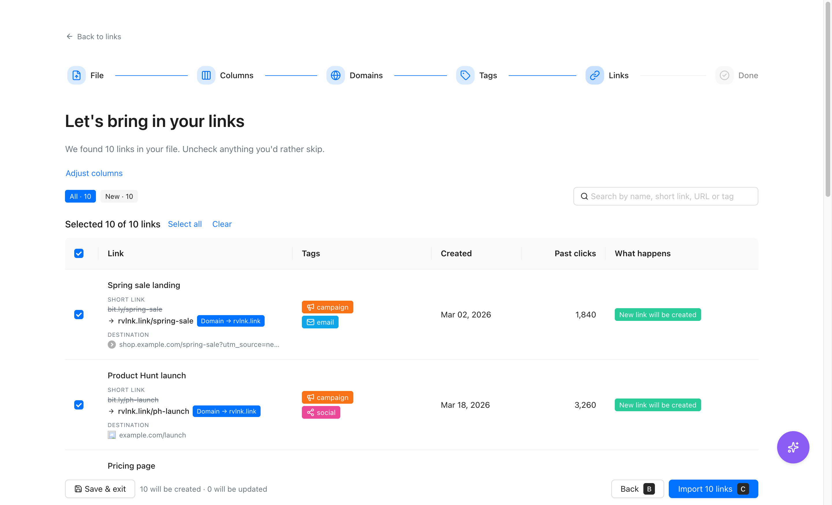 Review step listing every link before import