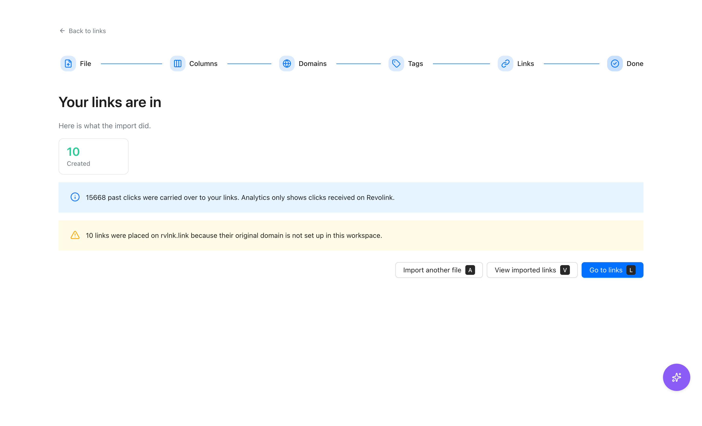 Import result: 10 links created
