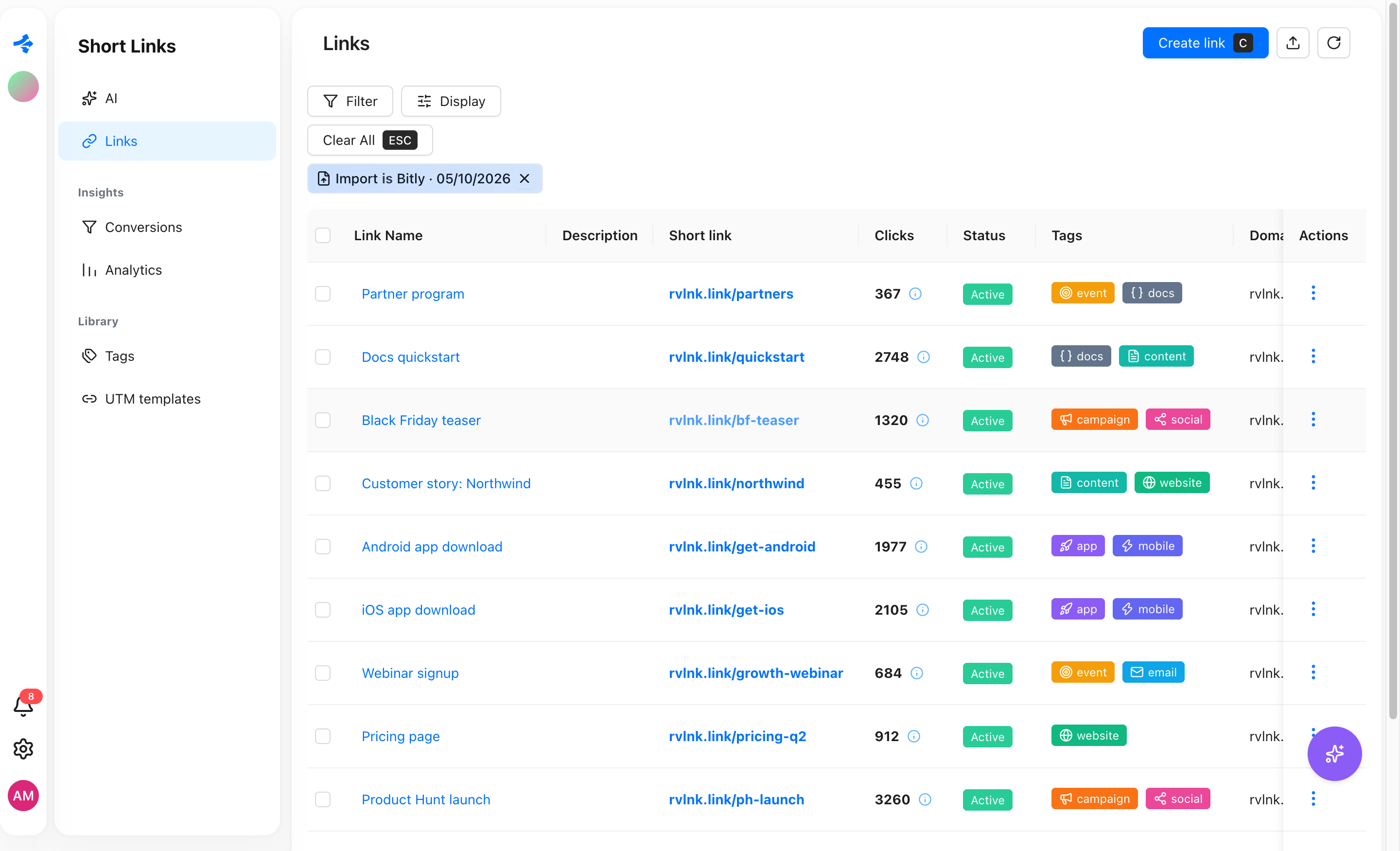 Links list showing the imported links with coloured tags