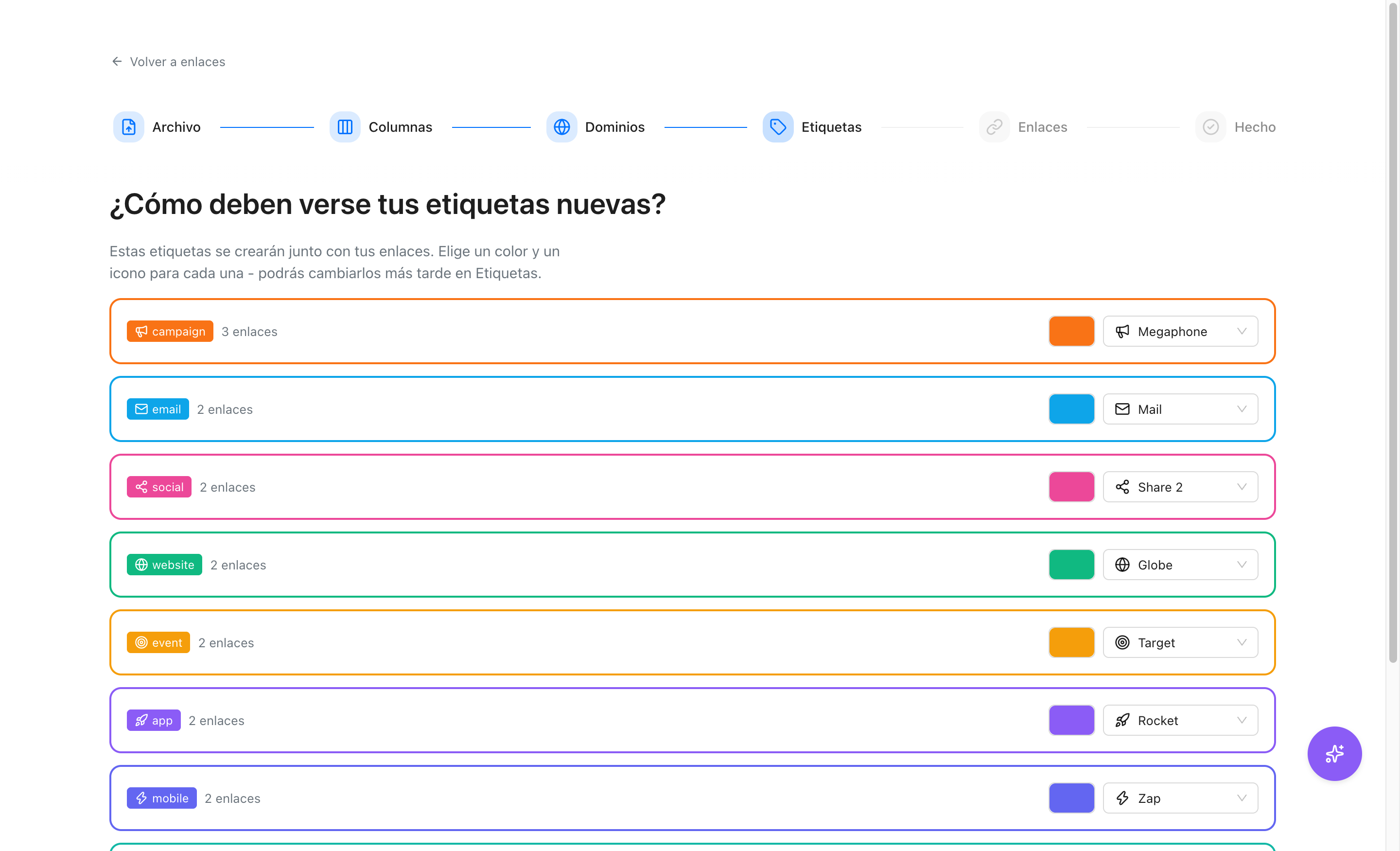 Paso de etiquetas con un color y un icono para cada etiqueta