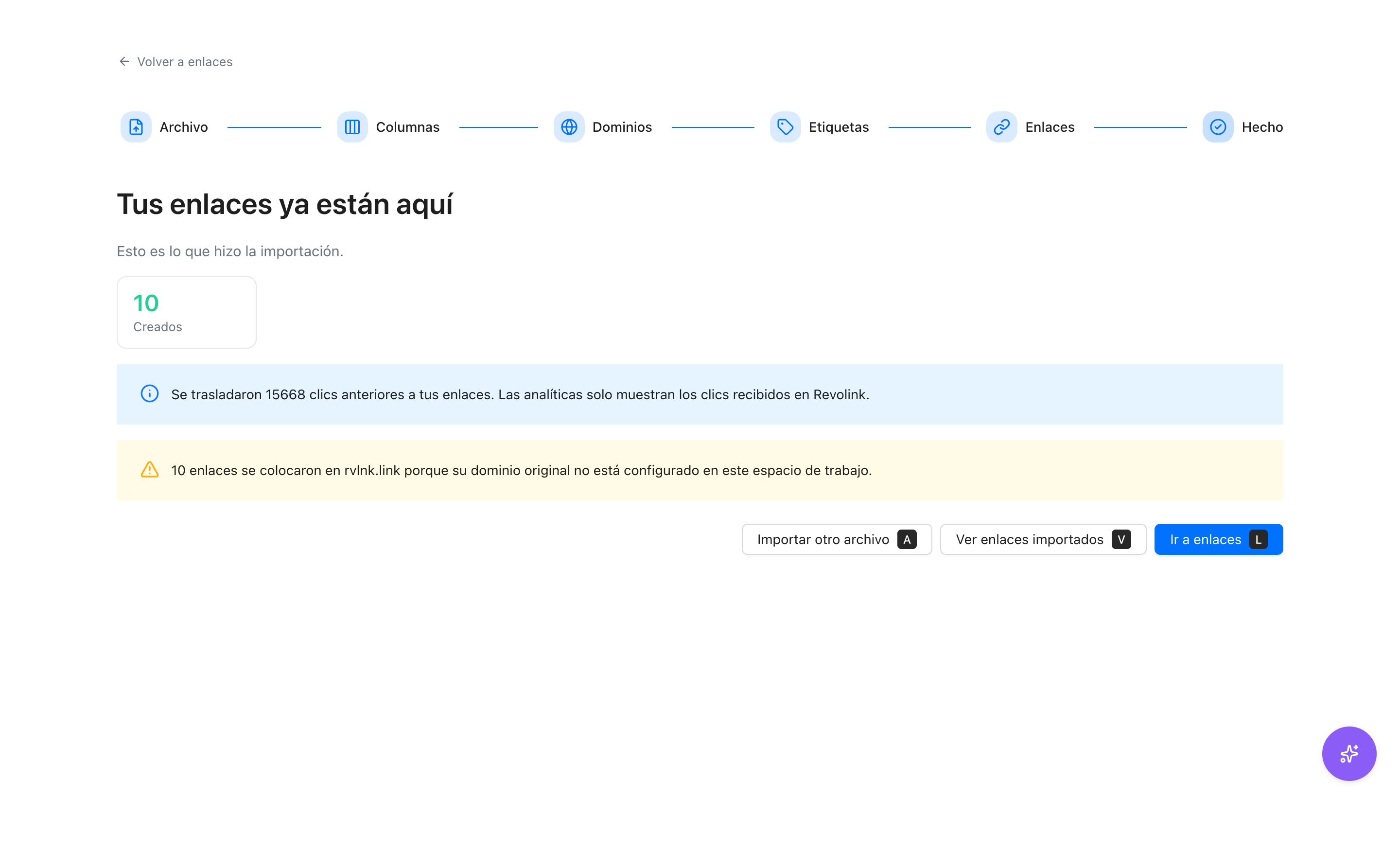Resultado de la importación: 10 enlaces creados