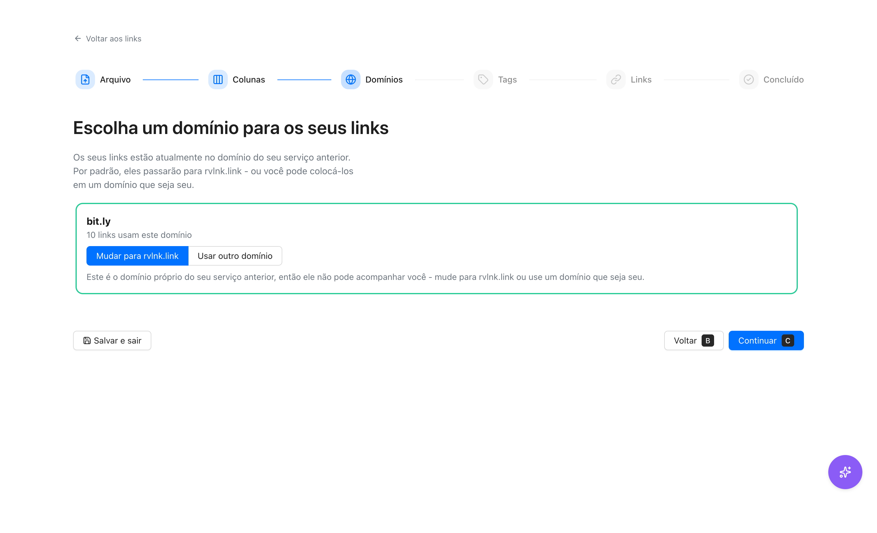 Etapa de domínio: passar os links antigos do bit.ly para rvlnk.link