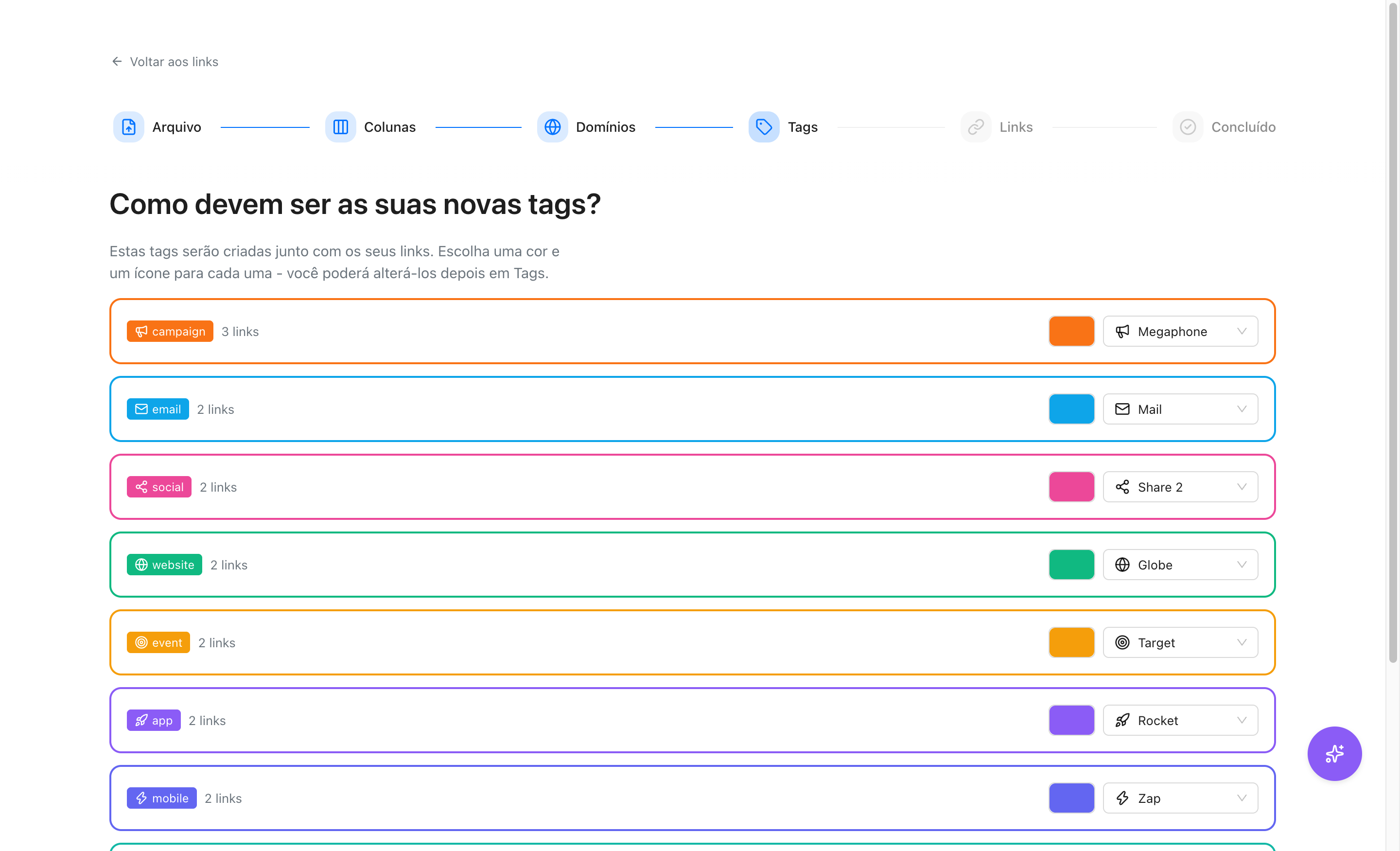 Etapa de tags com uma cor e um ícone para cada tag