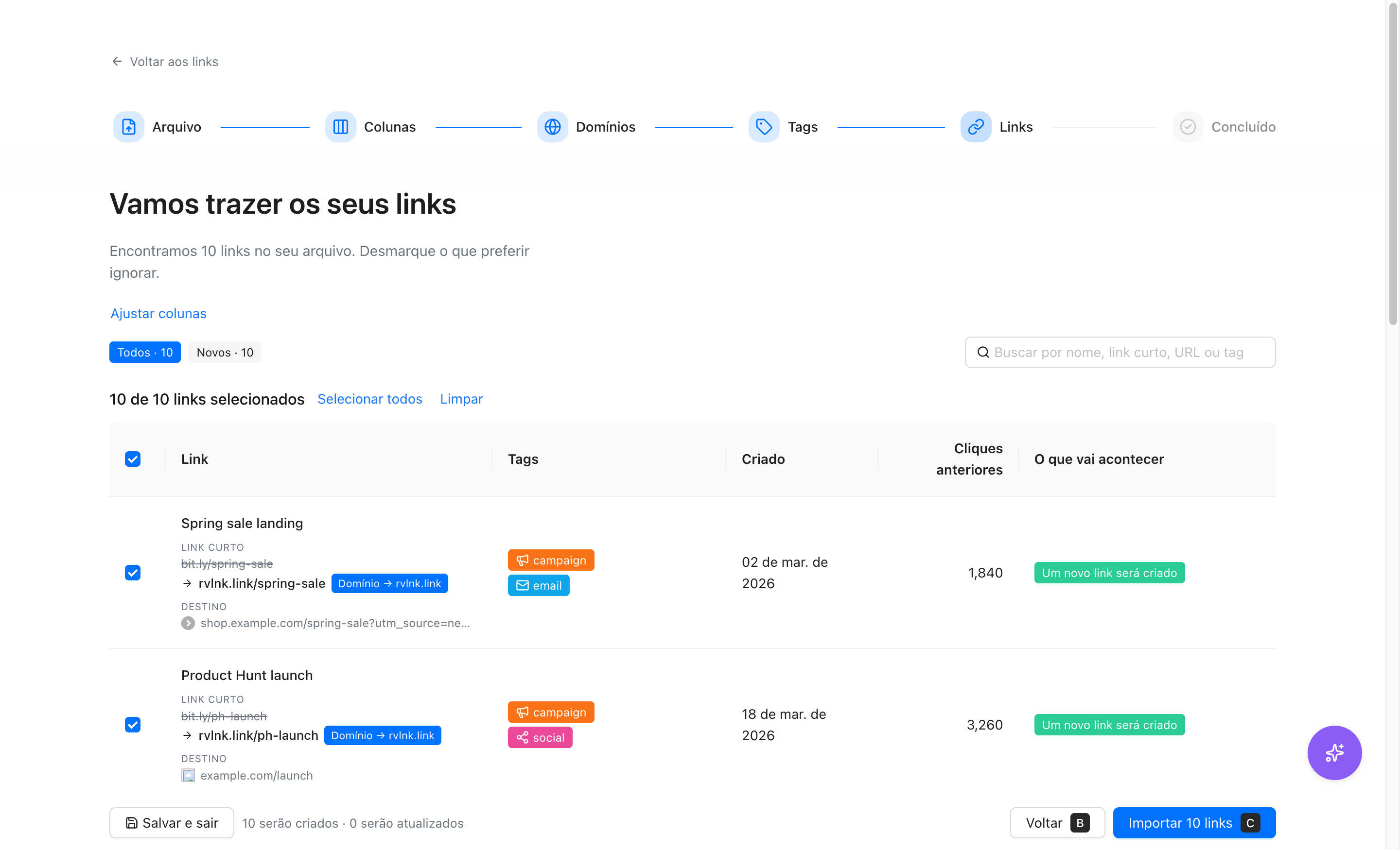 Etapa de revisão com todos os links antes de importar
