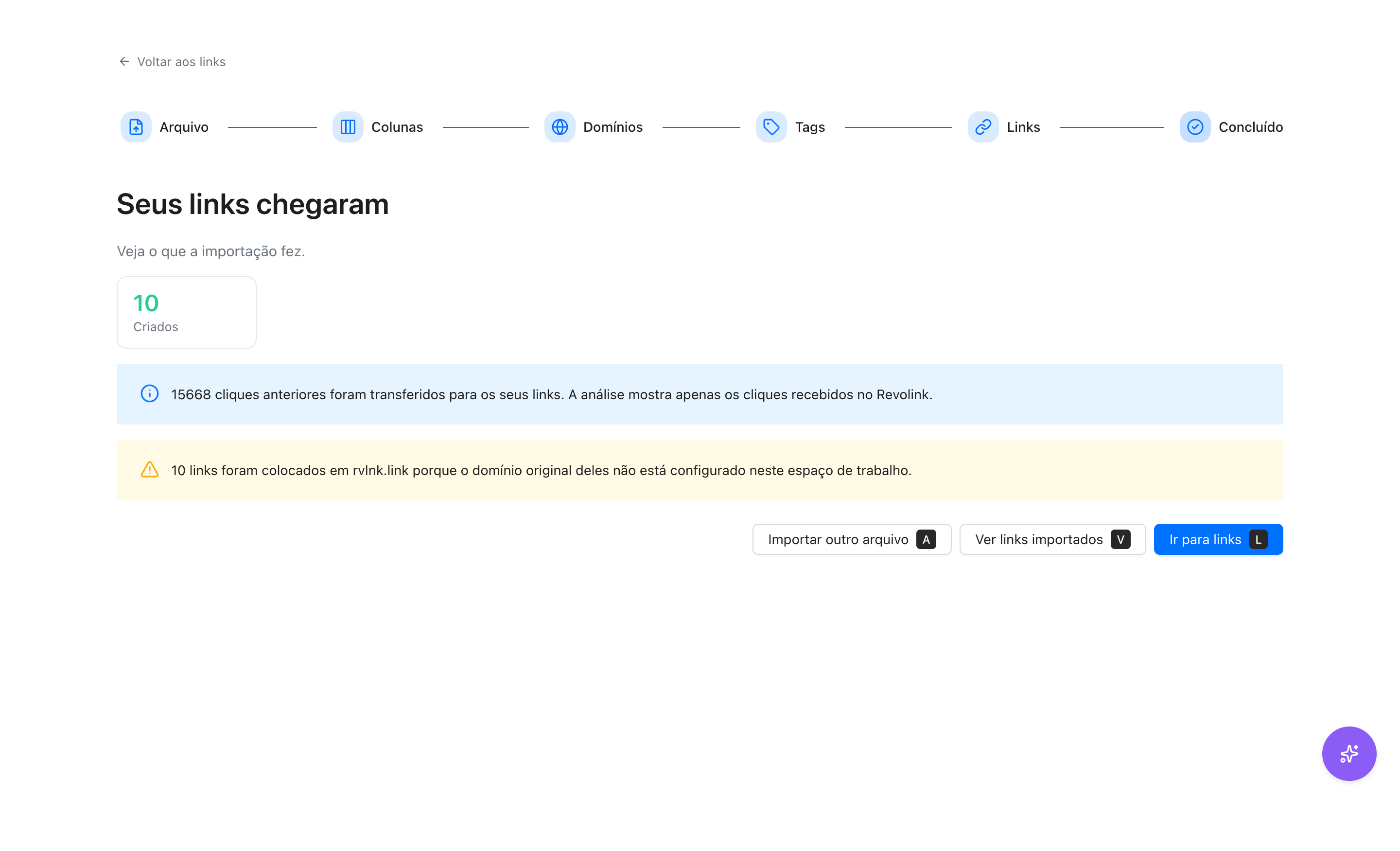 Resultado da importação: 10 links criados
