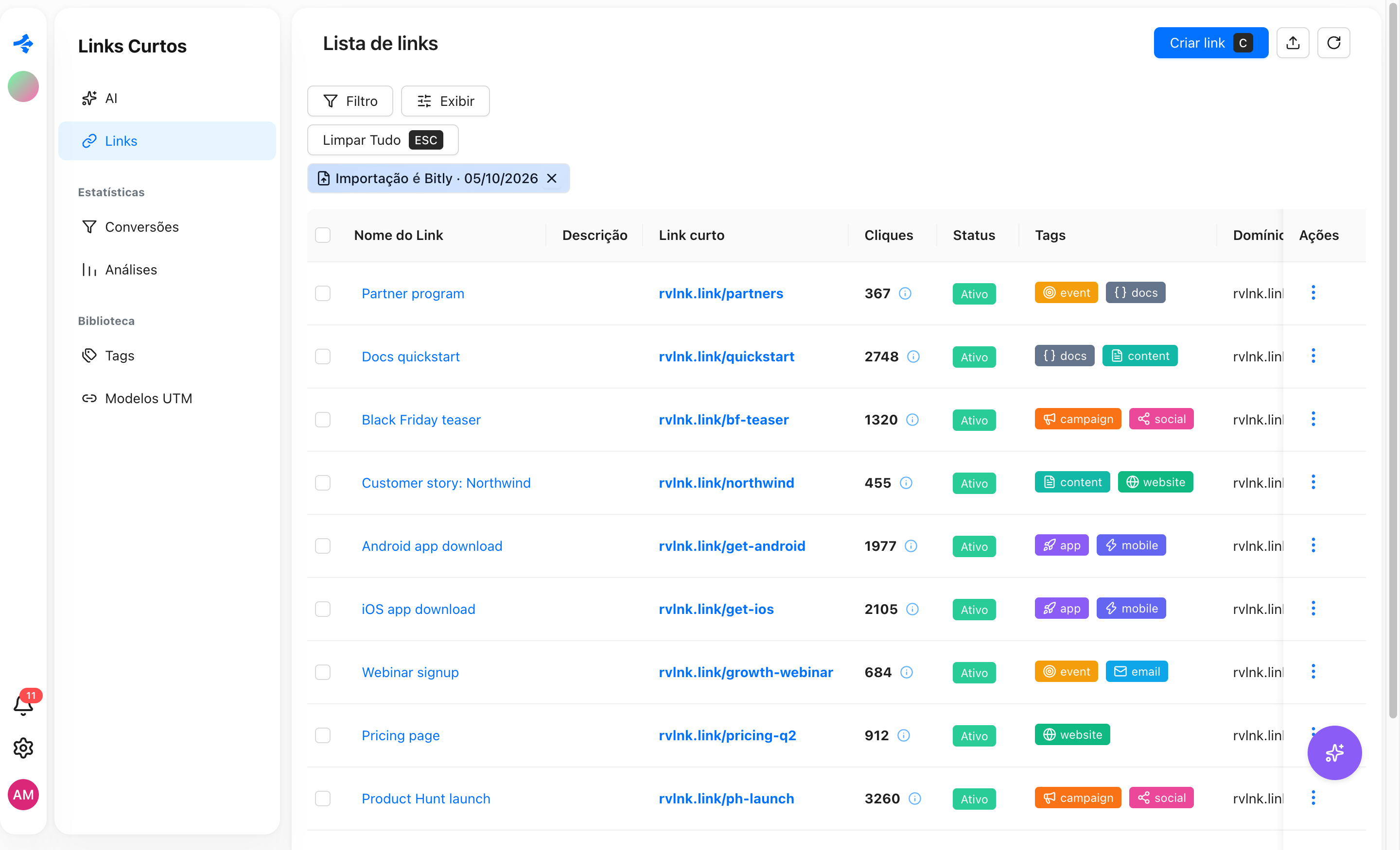 Lista de links com os links importados e tags coloridas