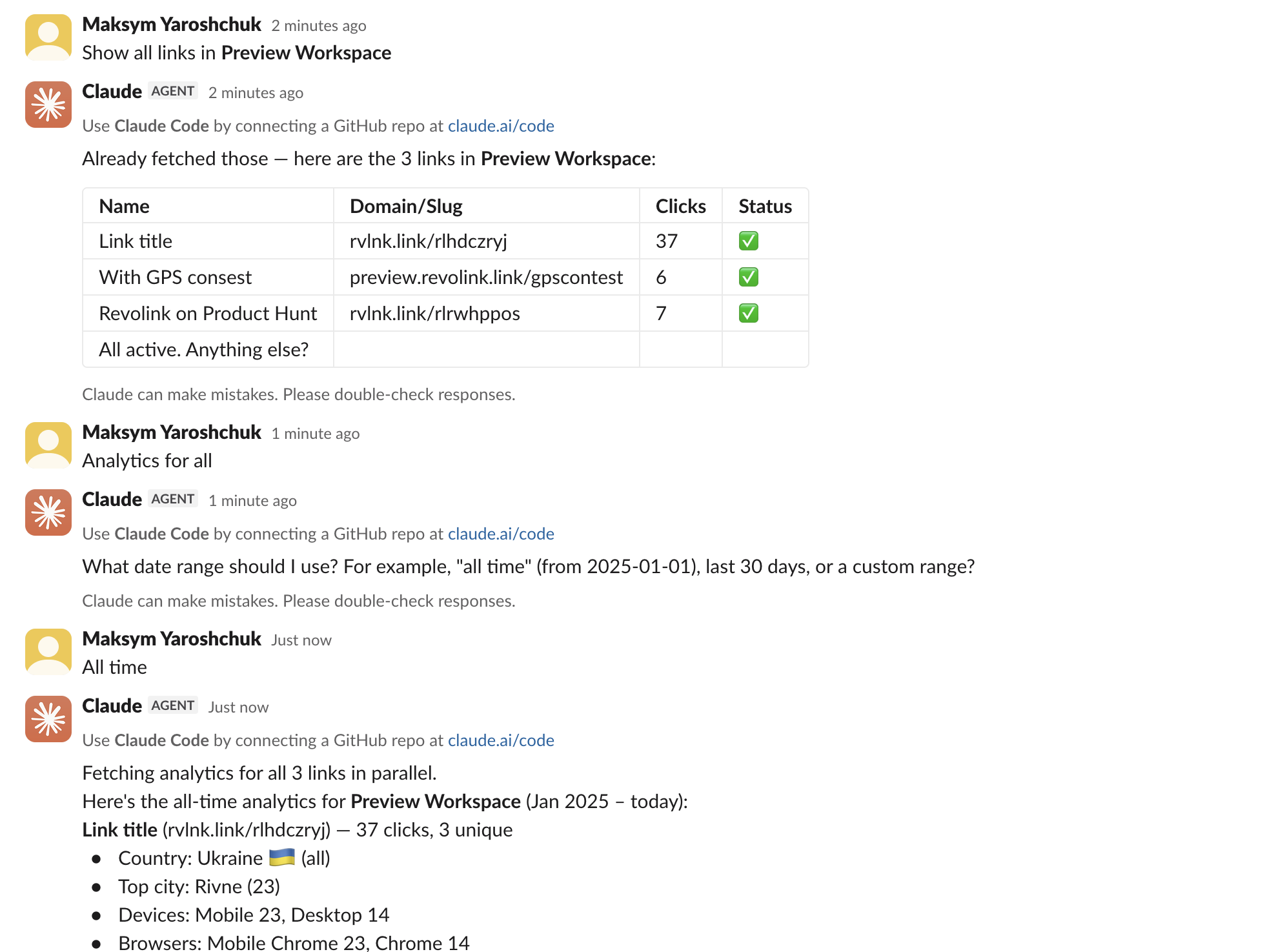 Claude in Slack replying in a channel with a table of Revolink links and their click counts, then a full analytics breakdown by country, city, device, and browser
