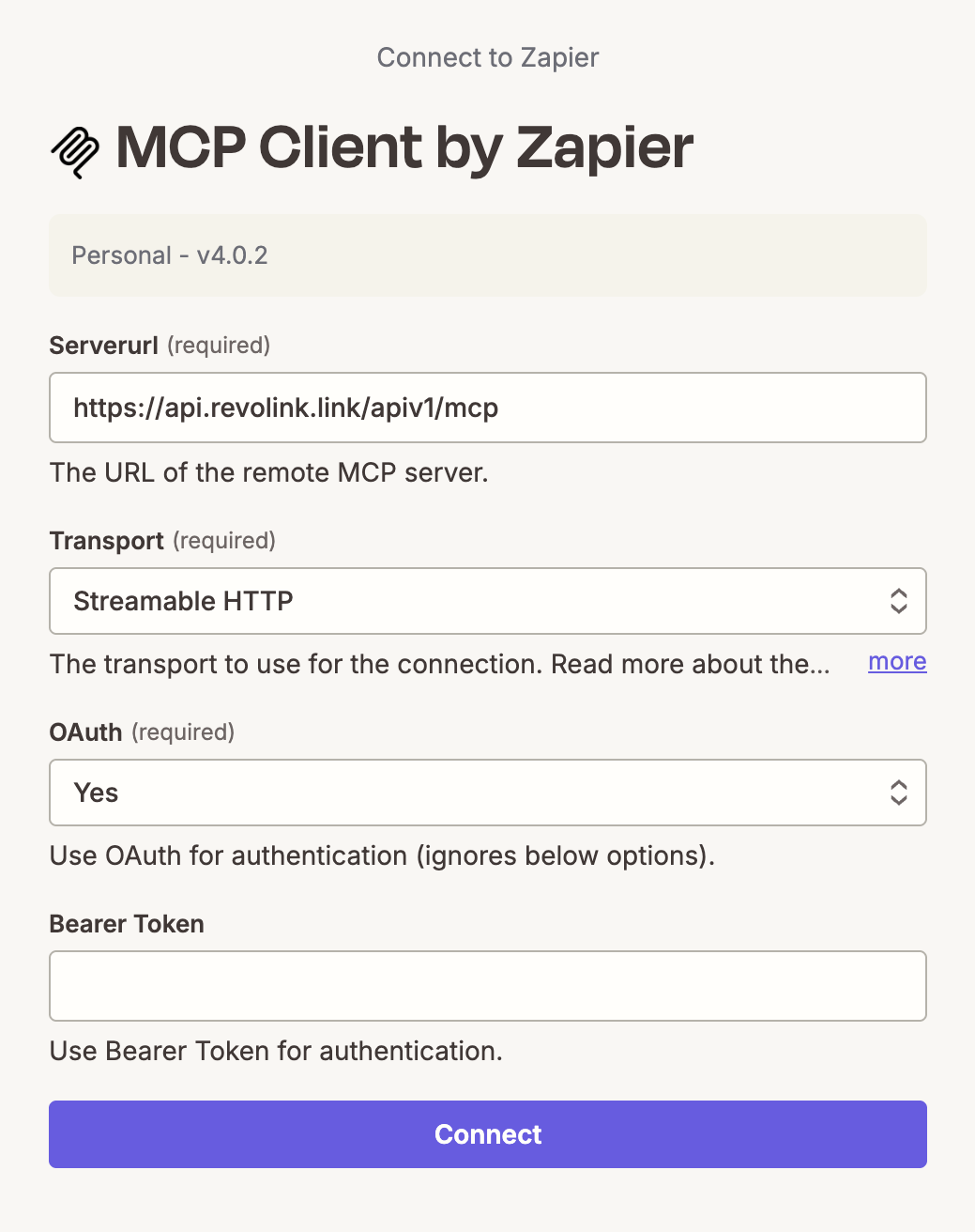Zapier's MCP Client connection form with the Revolink MCP server URL, Streamable HTTP transport, and OAuth set to Yes