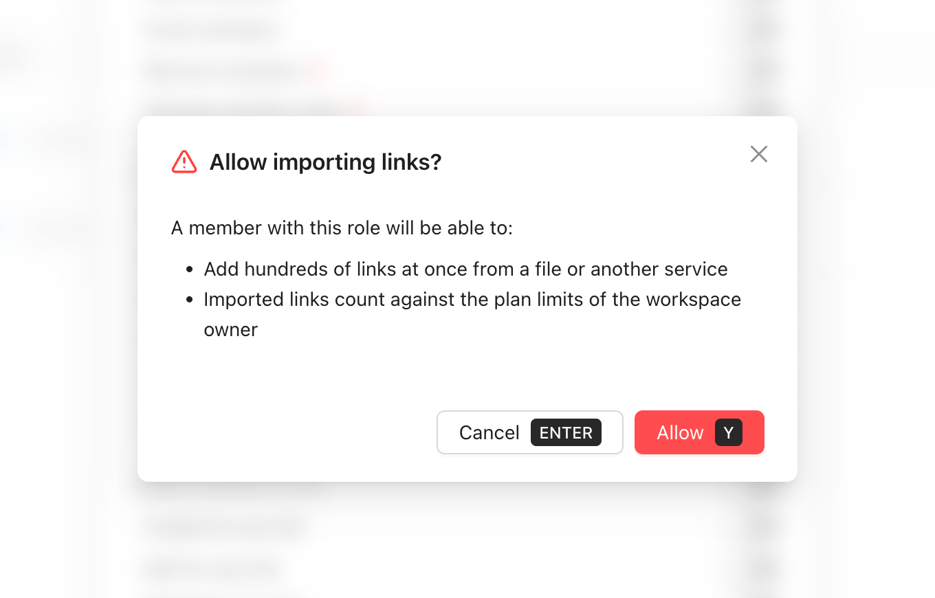 Confirmation dialog asking whether to allow importing links for a role