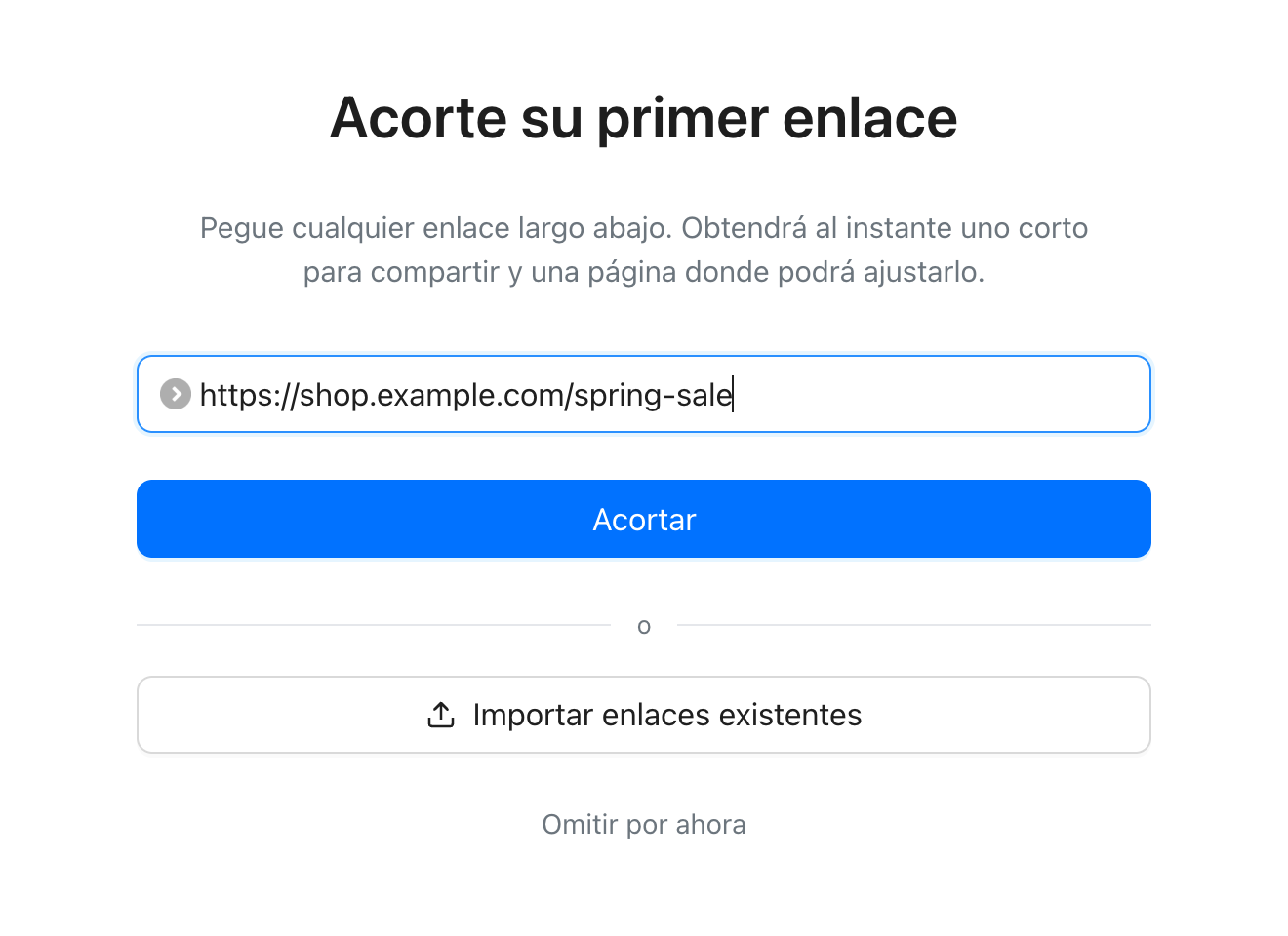 La primera pantalla de una cuenta nueva, con un campo para acortar un enlace