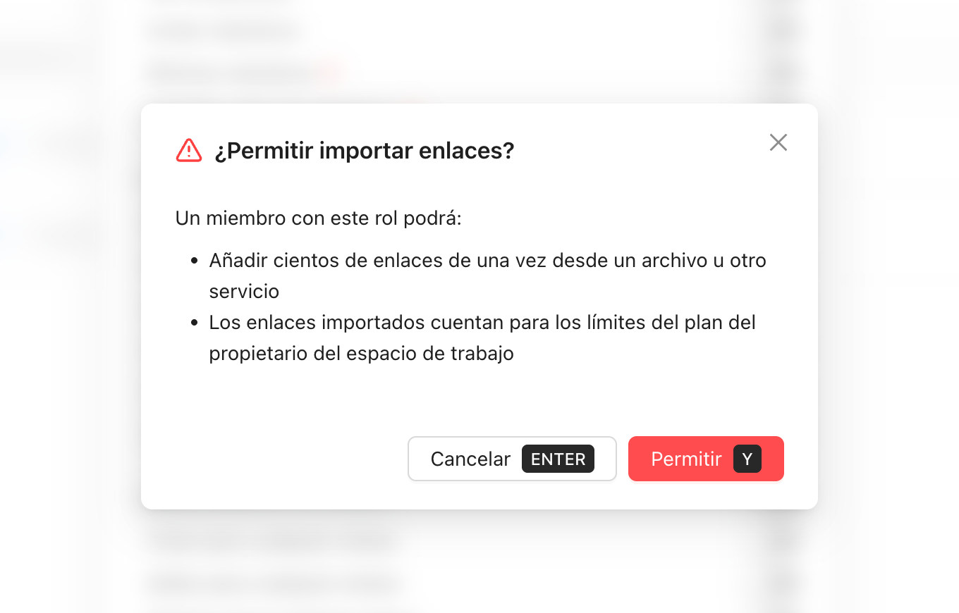 Cuadro de confirmación para permitir importar enlaces en un rol
