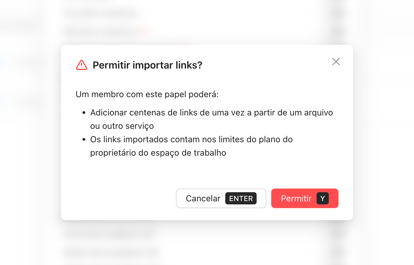 Caixa de confirmação para permitir importar links em uma função