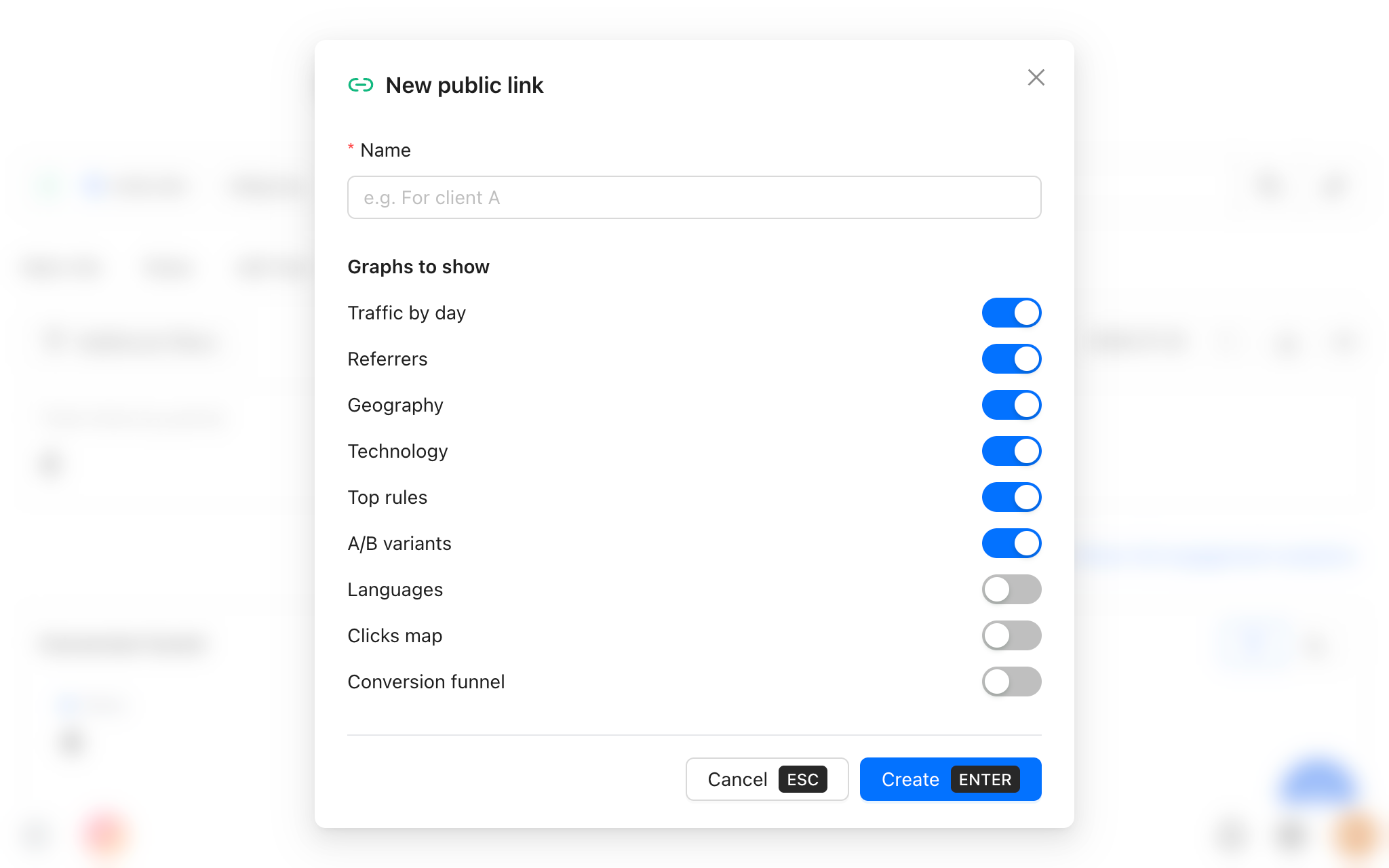 New public link modal with a name field and toggles for Traffic by day, Referrers, Geography, Technology, Top rules, A/B variants, Languages, Clicks map, and Conversion funnel