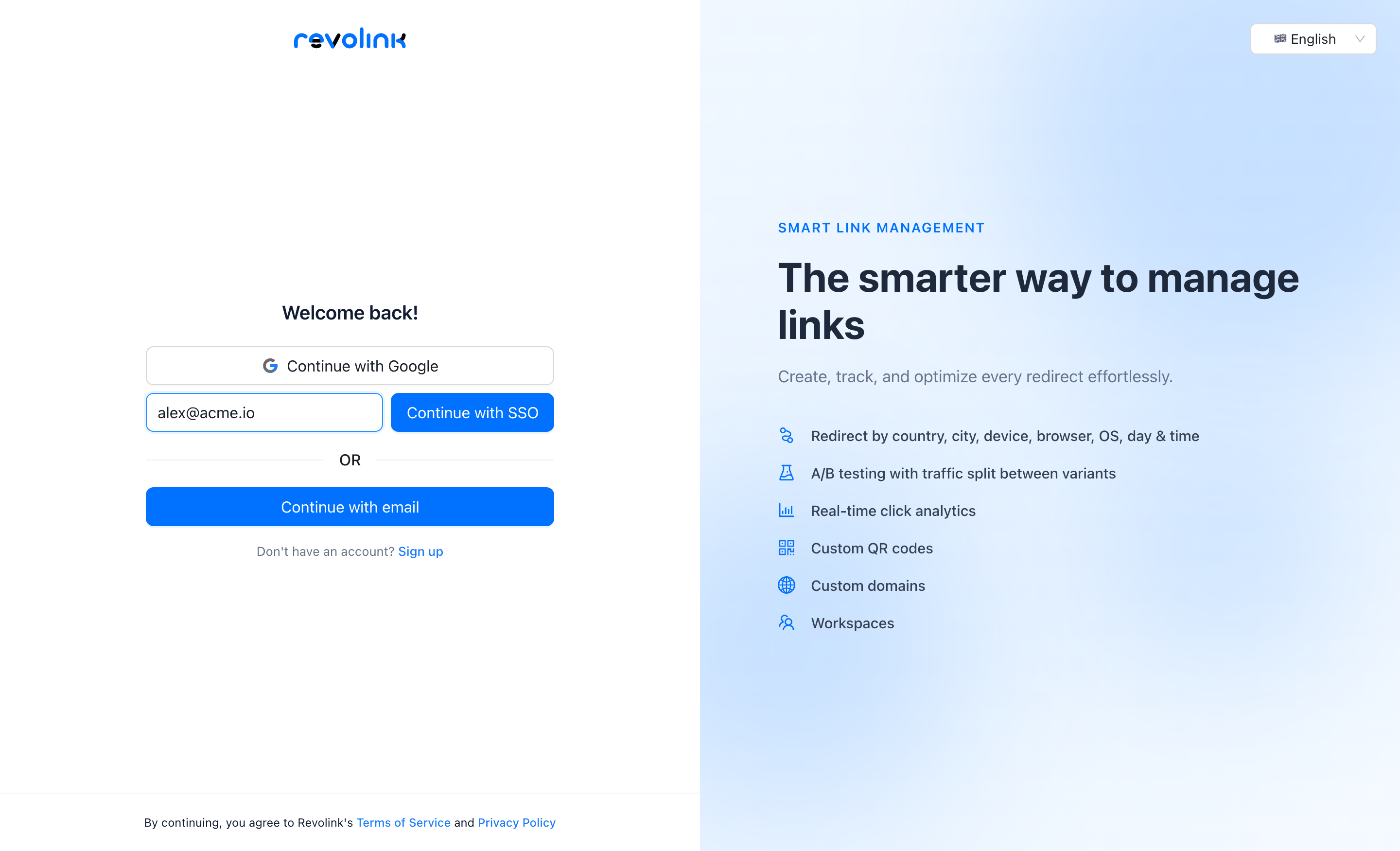 Revolink sign-in screen with a work email field and the Continue with SSO button