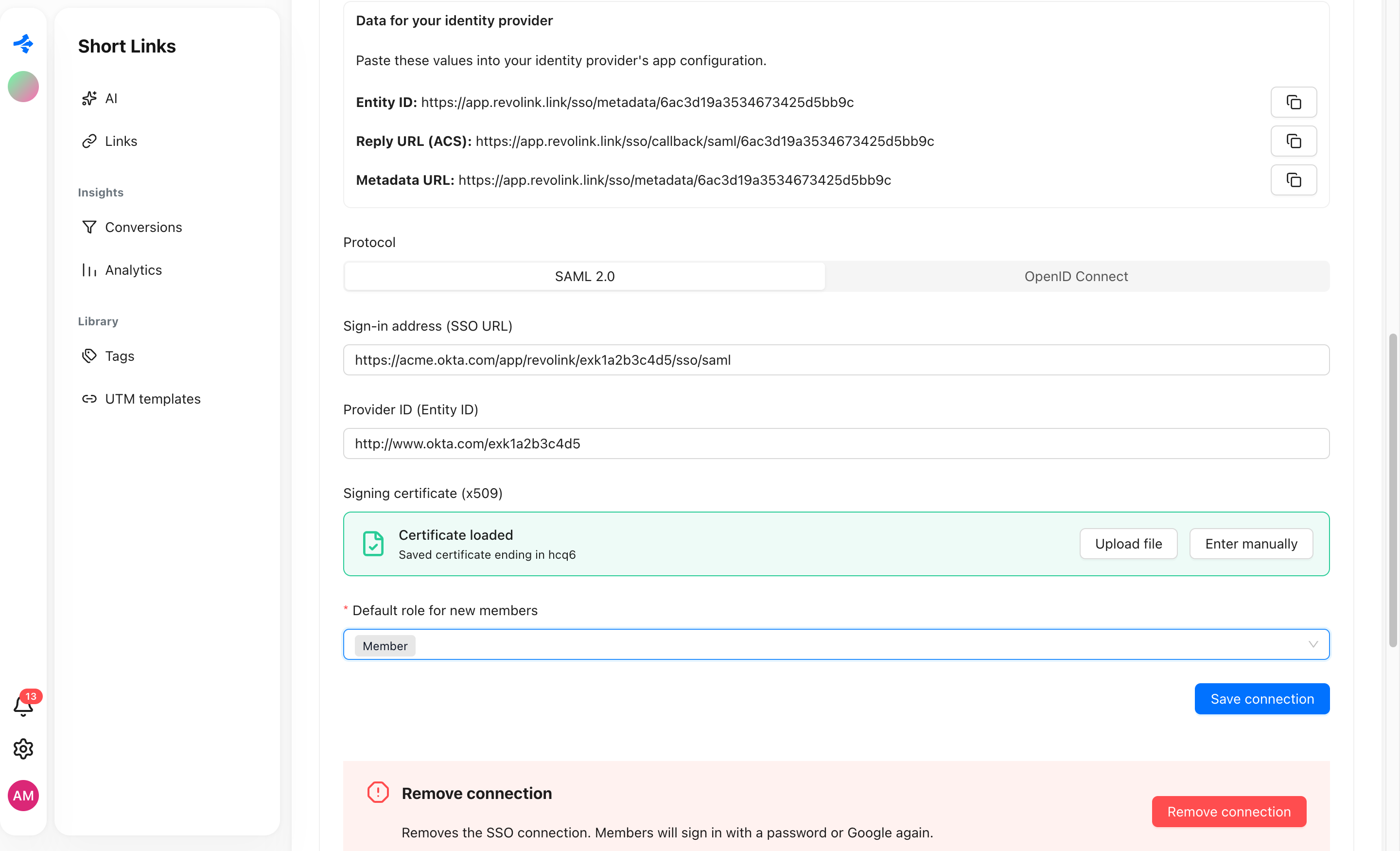 Revolink SSO connection form with SAML 2.0 selected, sign-in address, provider ID, loaded certificate and default role