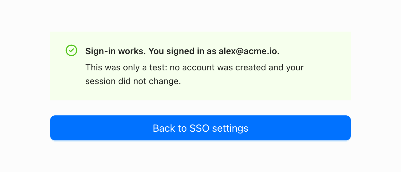 Test sign-in result: Sign-in works, you signed in as alex@acme.io