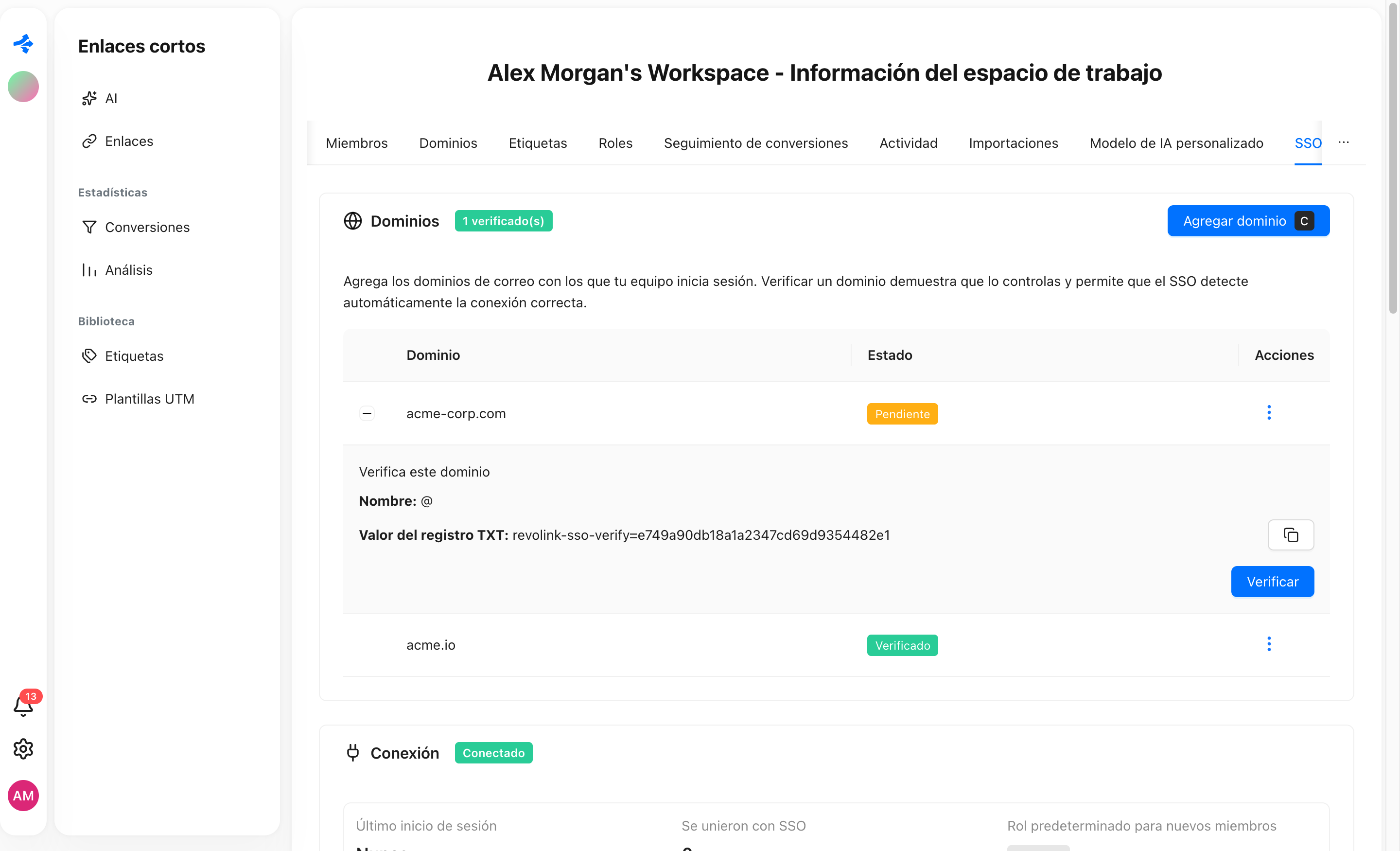 Ajustes de SSO de Revolink con un dominio pendiente de registro DNS TXT y otro dominio verificado