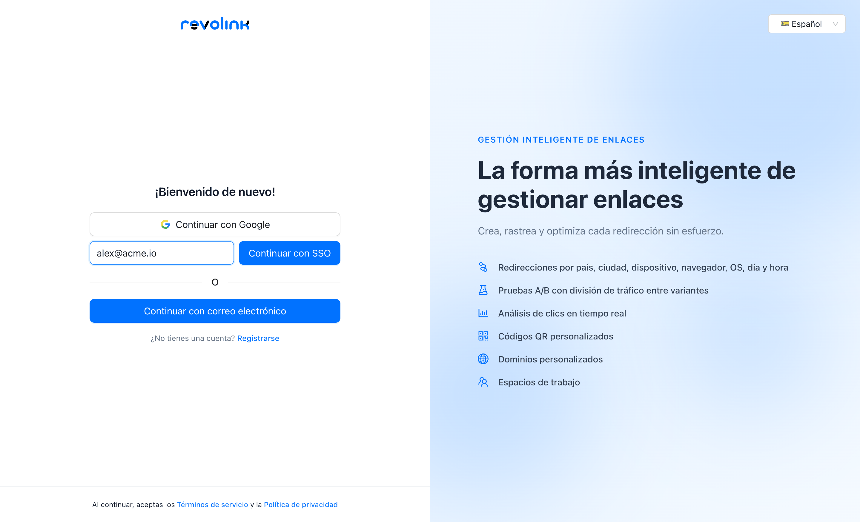 Pantalla de acceso de Revolink con un campo de correo de trabajo y el botón para continuar con SSO
