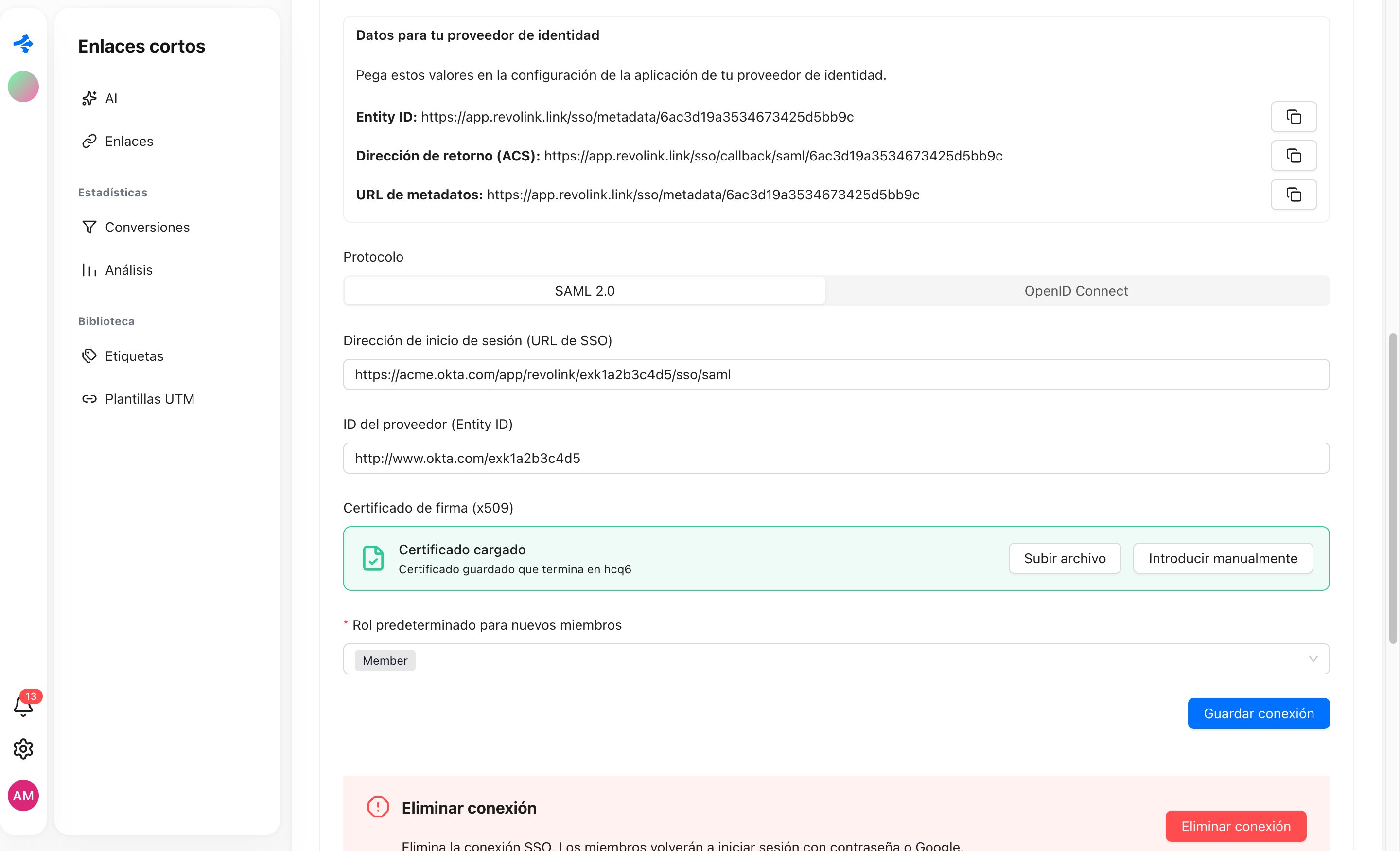 Formulario de conexión SSO de Revolink con SAML 2.0, dirección de acceso, ID del proveedor, certificado cargado y rol por defecto