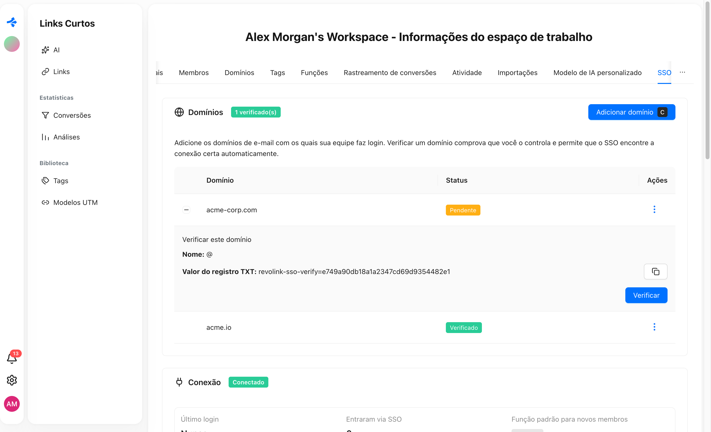 Configurações de SSO do Revolink com um domínio aguardando o registro DNS TXT e outro domínio verificado