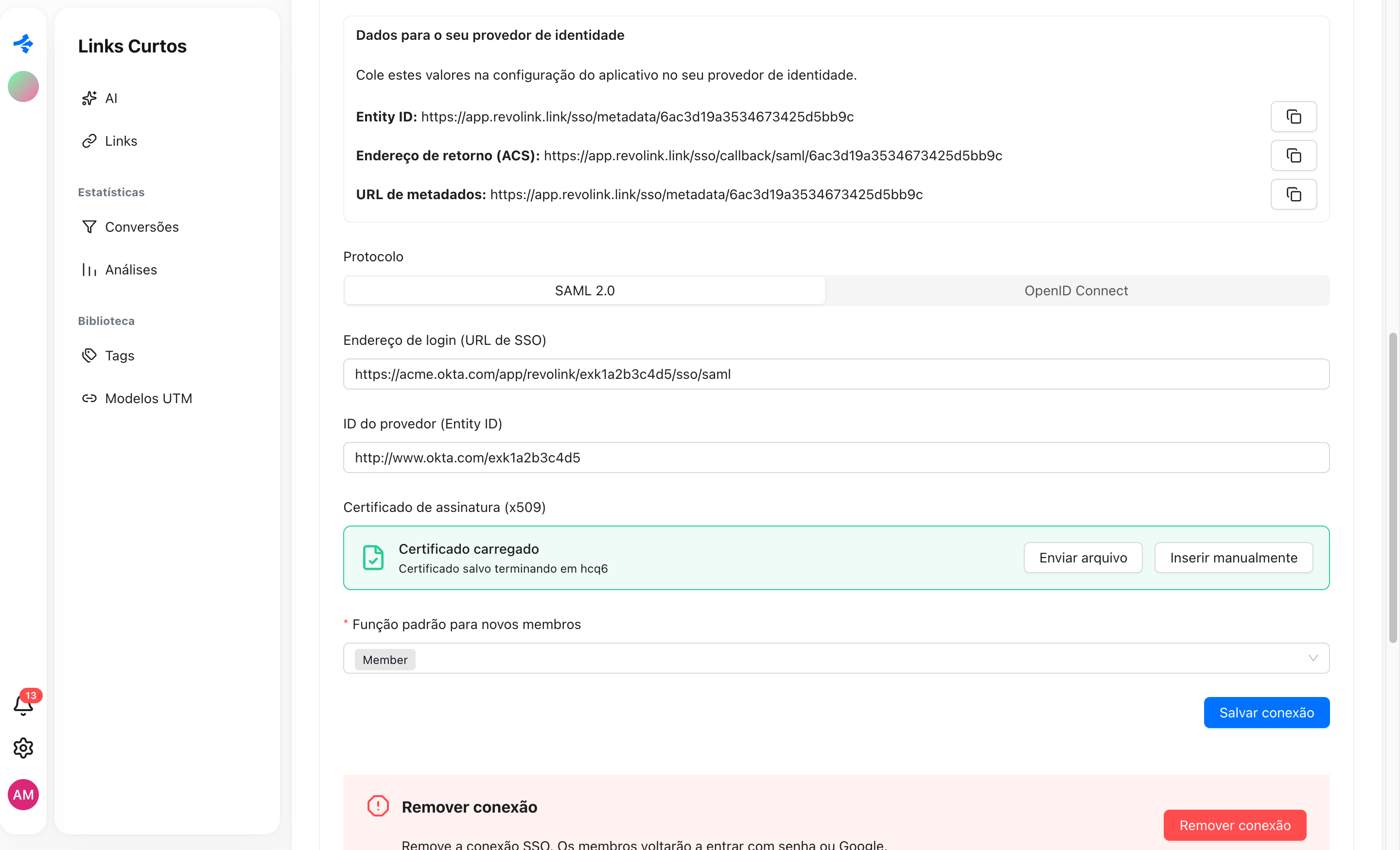 Formulário de conexão SSO do Revolink com SAML 2.0, endereço de login, ID do provedor, certificado carregado e função padrão
